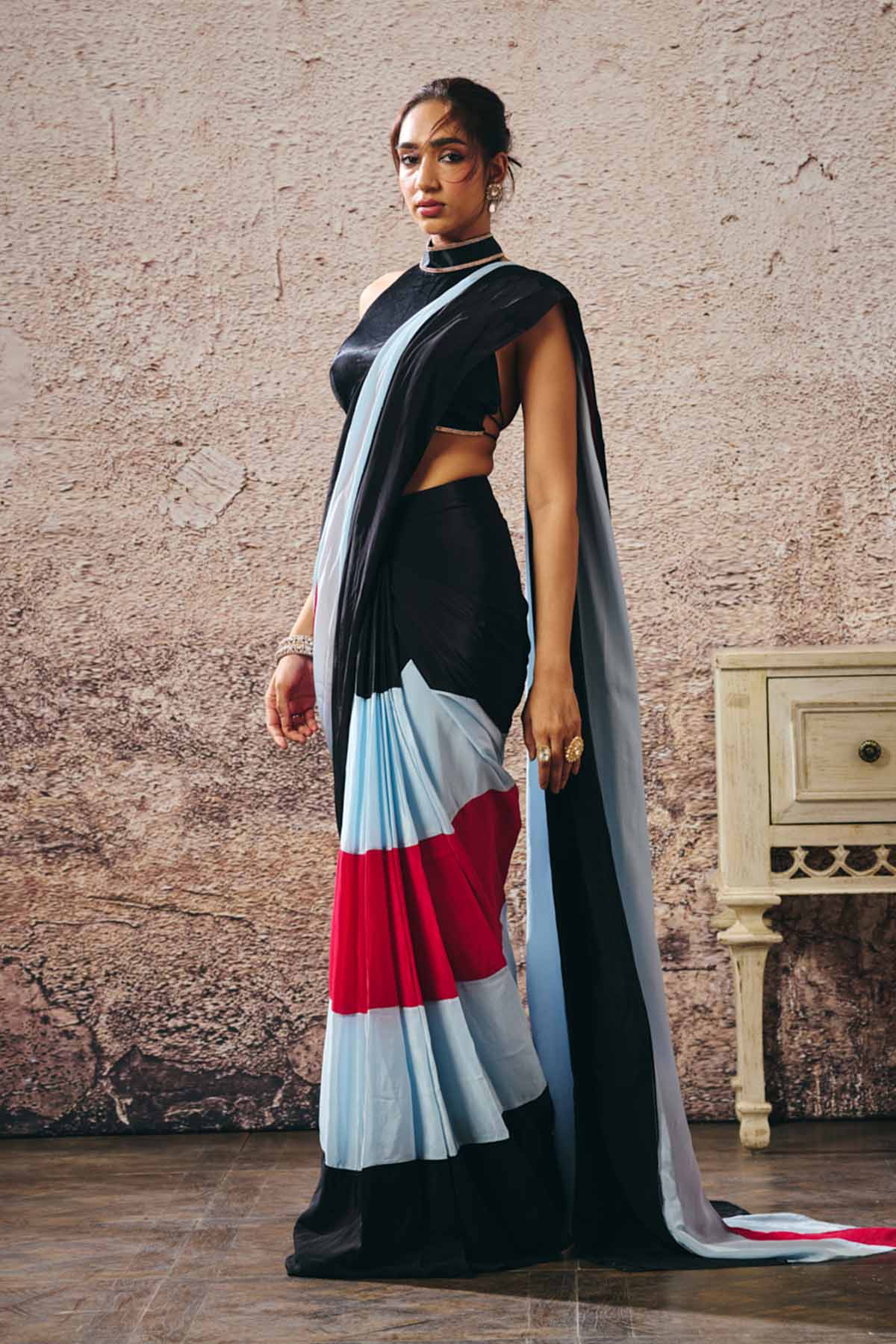 Colorblock Saree & Blue Blouse