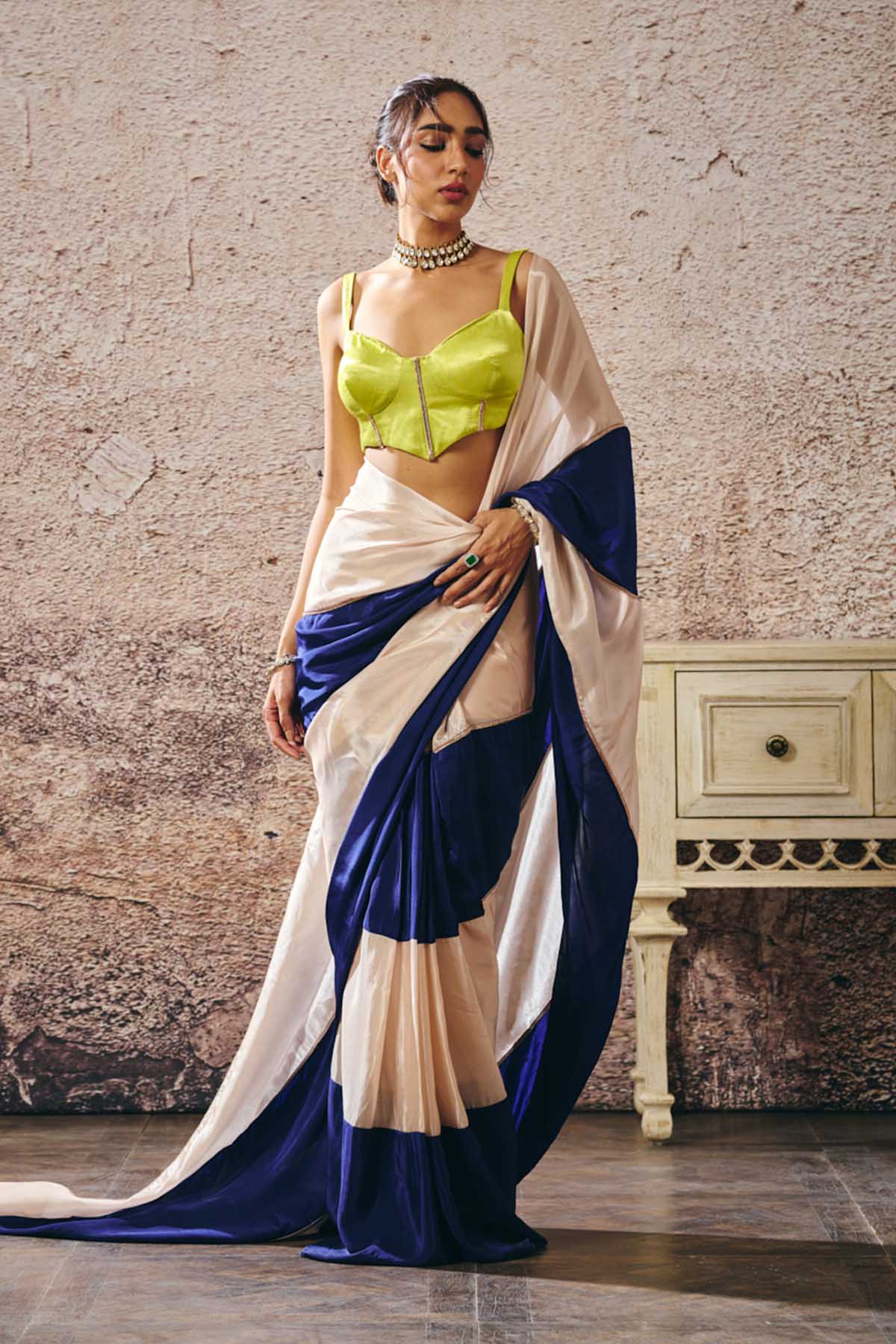 Colorblock Saree & Green Blouse