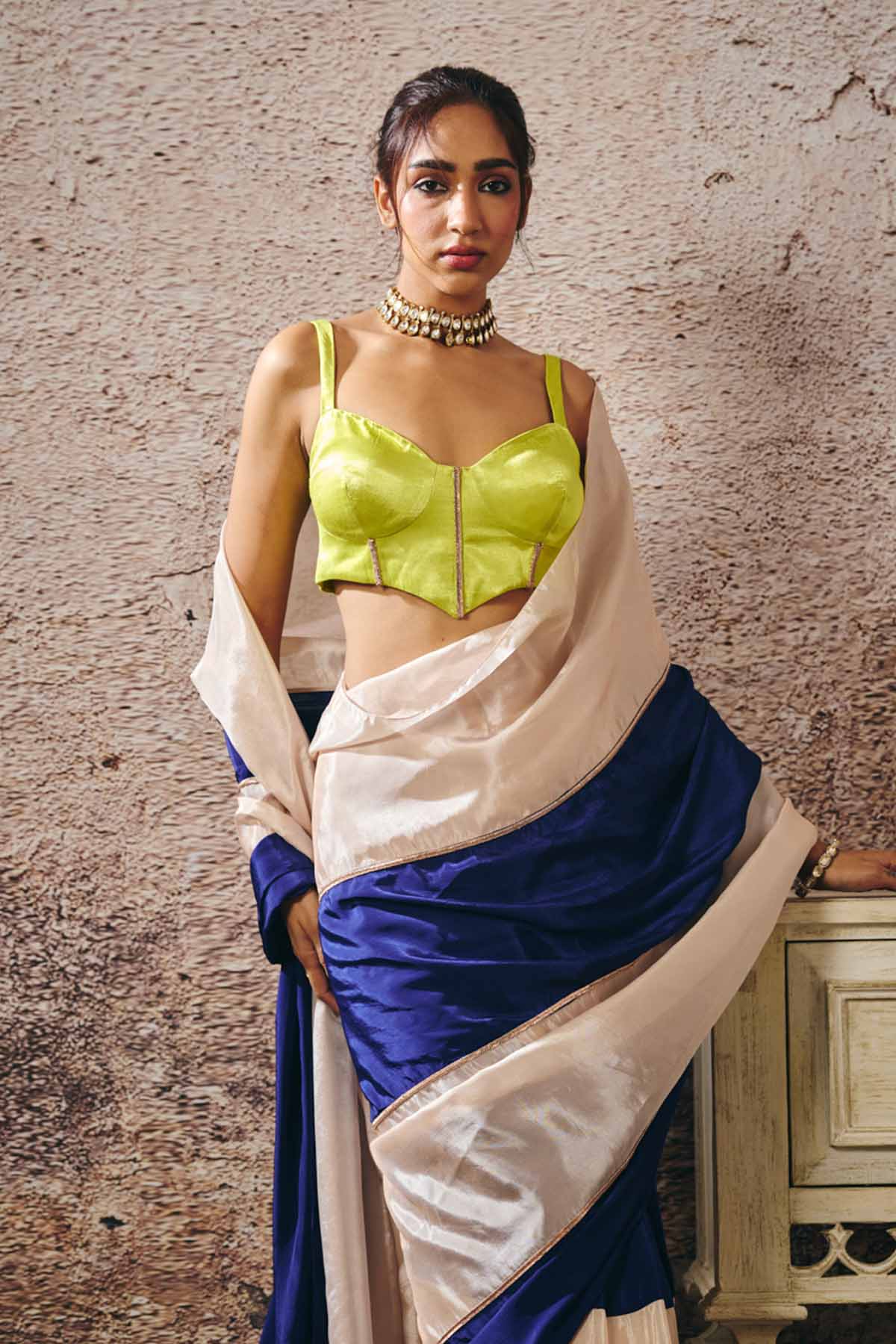 Colorblock Saree & Green Blouse
