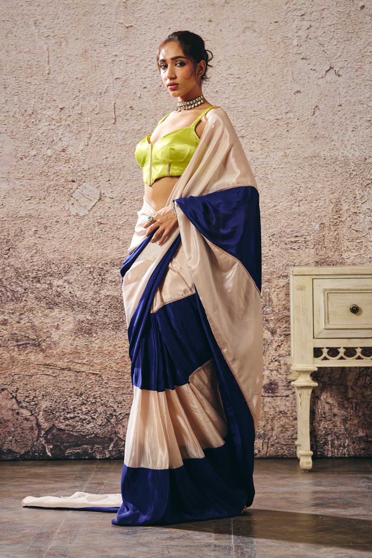 Colorblock Saree & Green Blouse