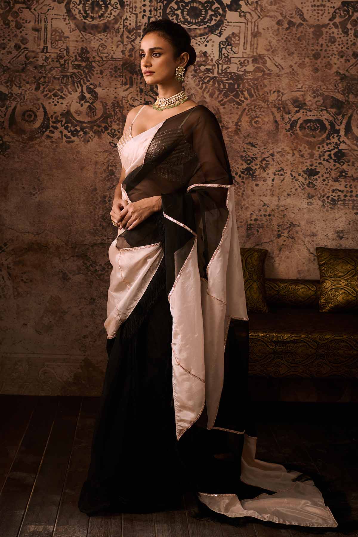 Colorblock Saree & Peach Blouse