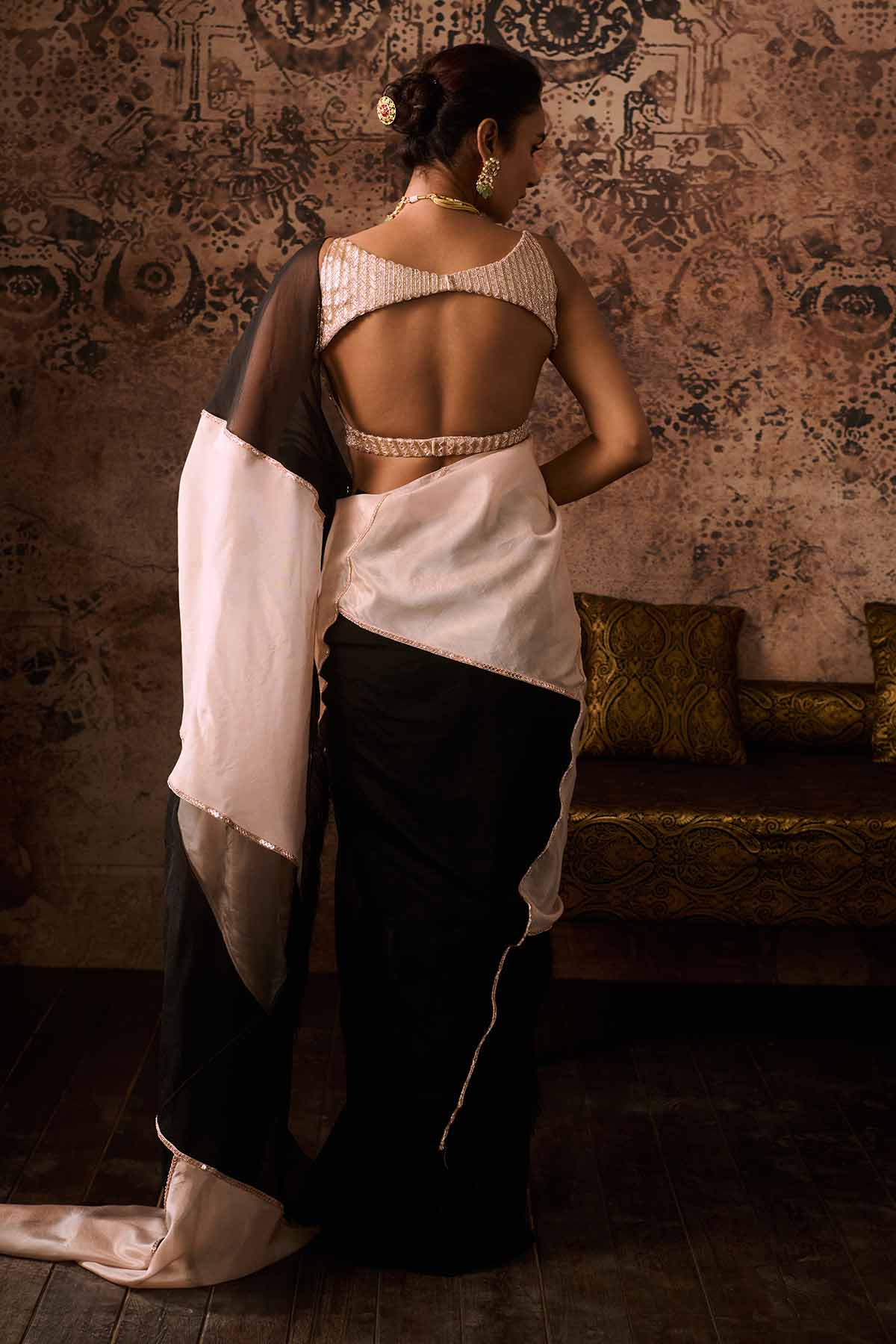 Colorblock Saree & Peach Blouse