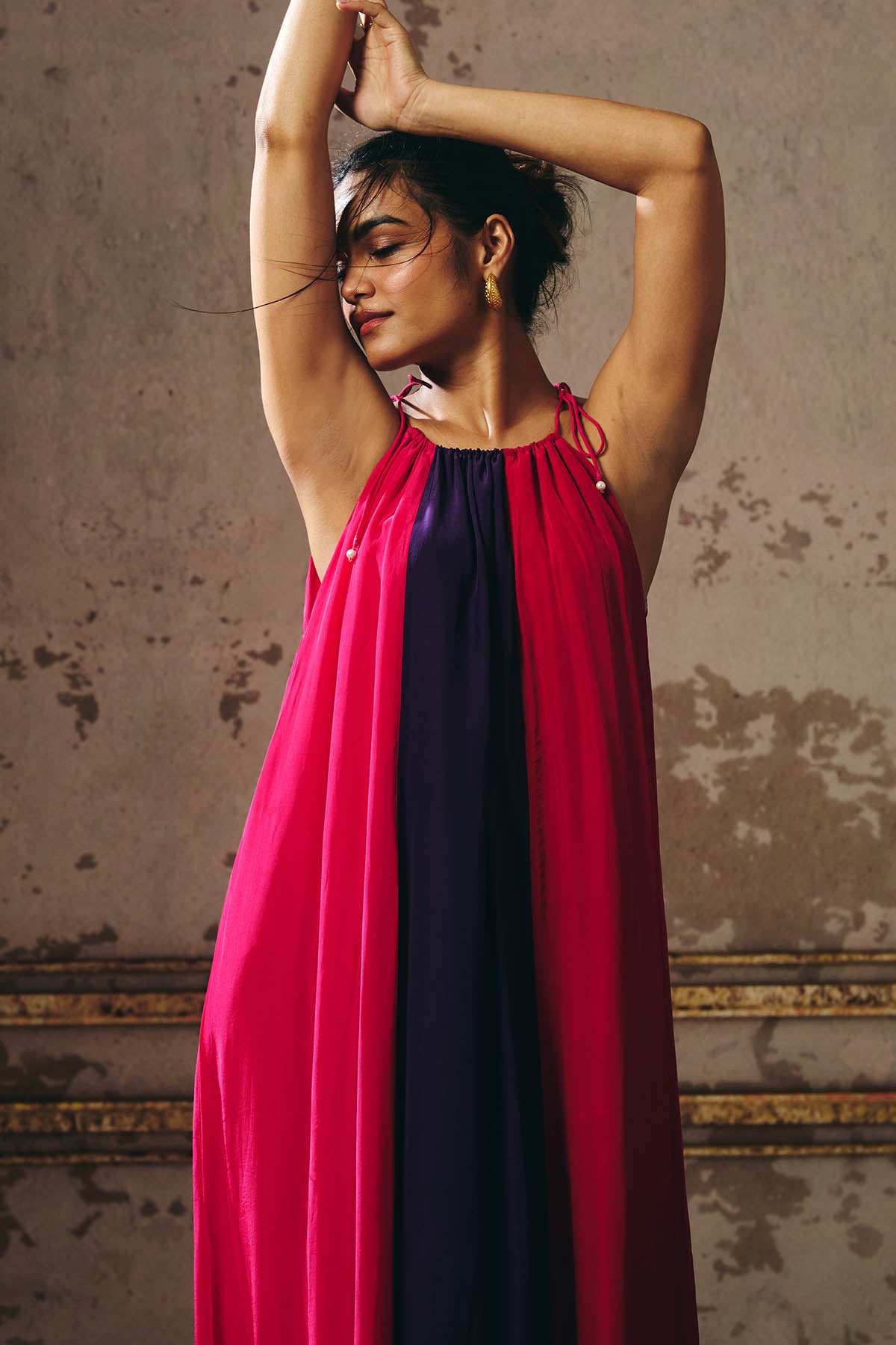 Colorblock Shoulder Tie-Up Gown