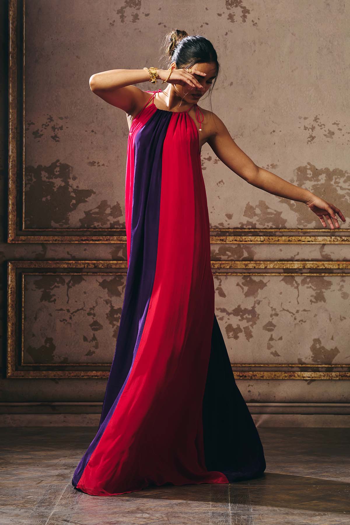 Colorblock Shoulder Tie-Up Gown