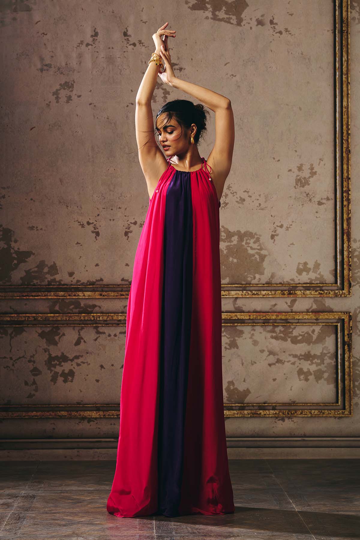 Colorblock Shoulder Tie-Up Gown