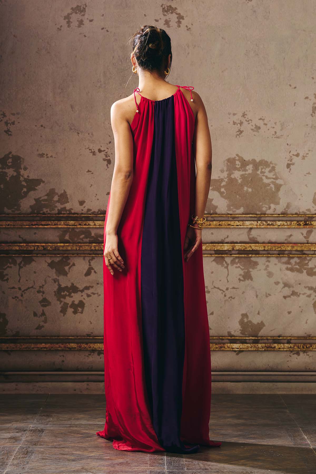 Colorblock Shoulder Tie-Up Gown