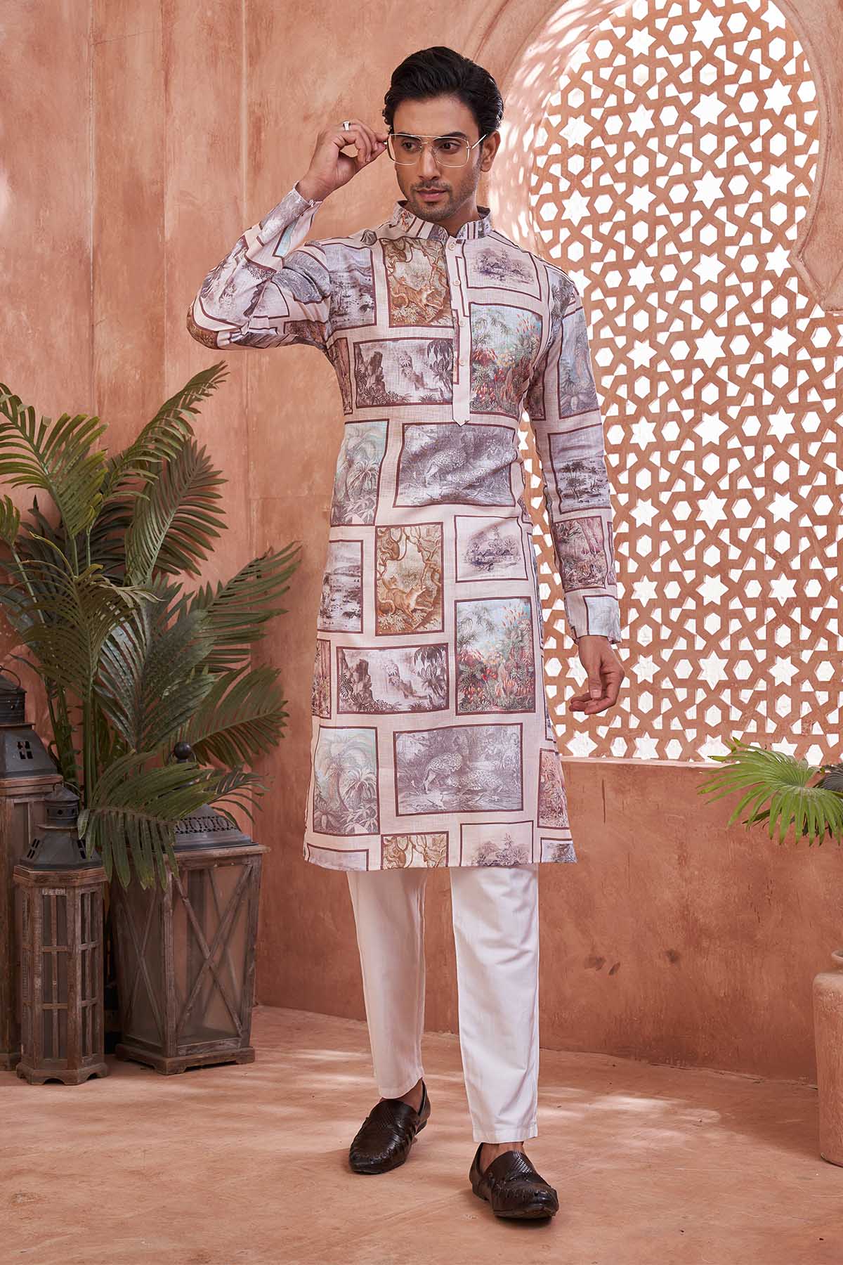 Buy Colour Block Print Cotton Kurta by SNEHA B - Men for online at ScrollnShops