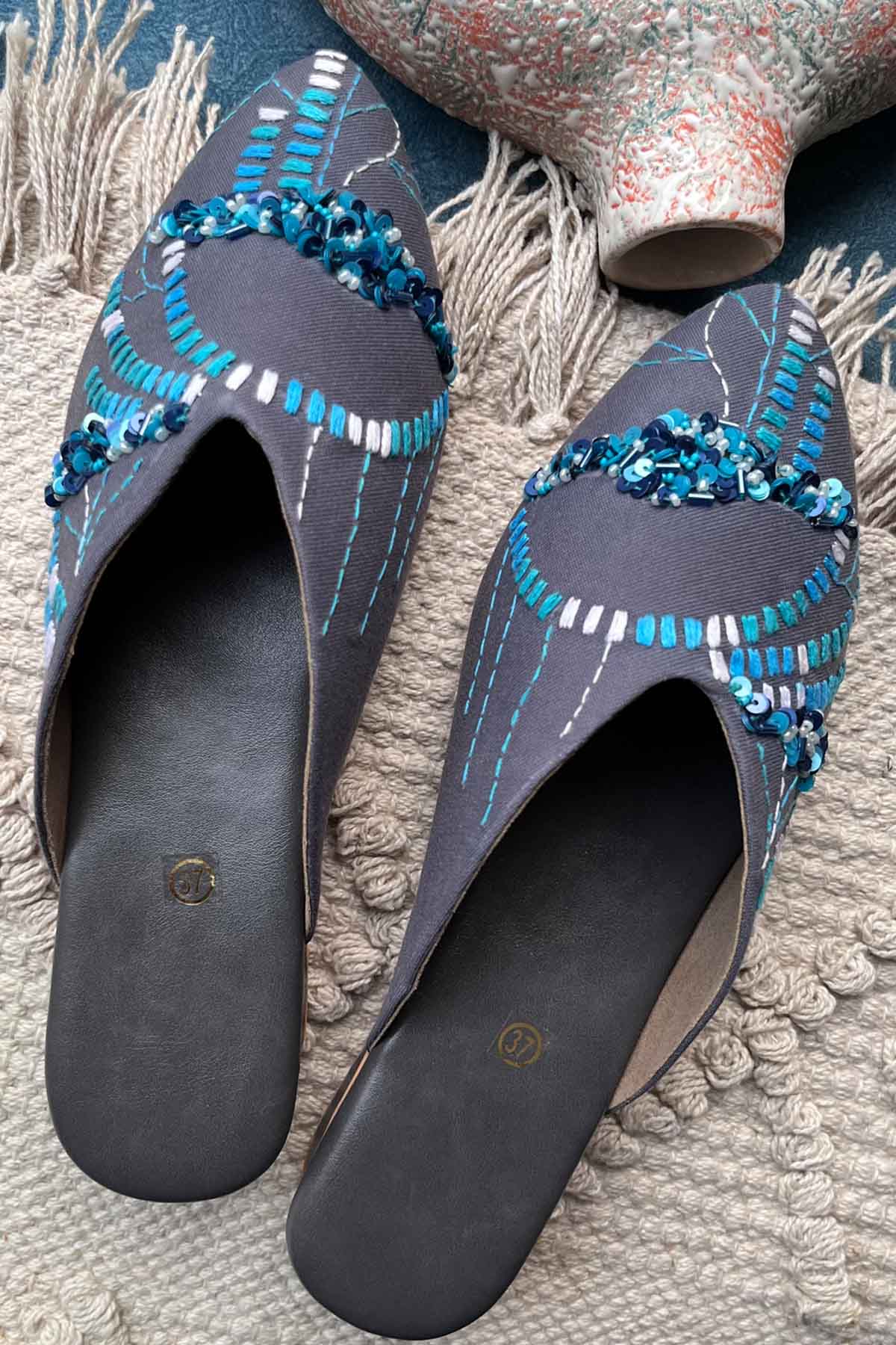 Contrast Hand Embroidered Mules
