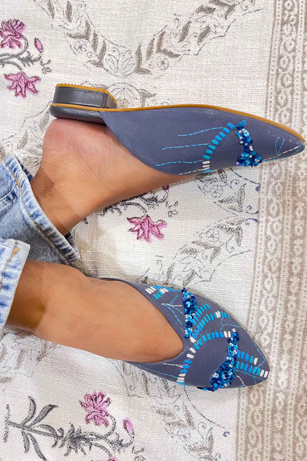 Contrast Hand Embroidered Mules