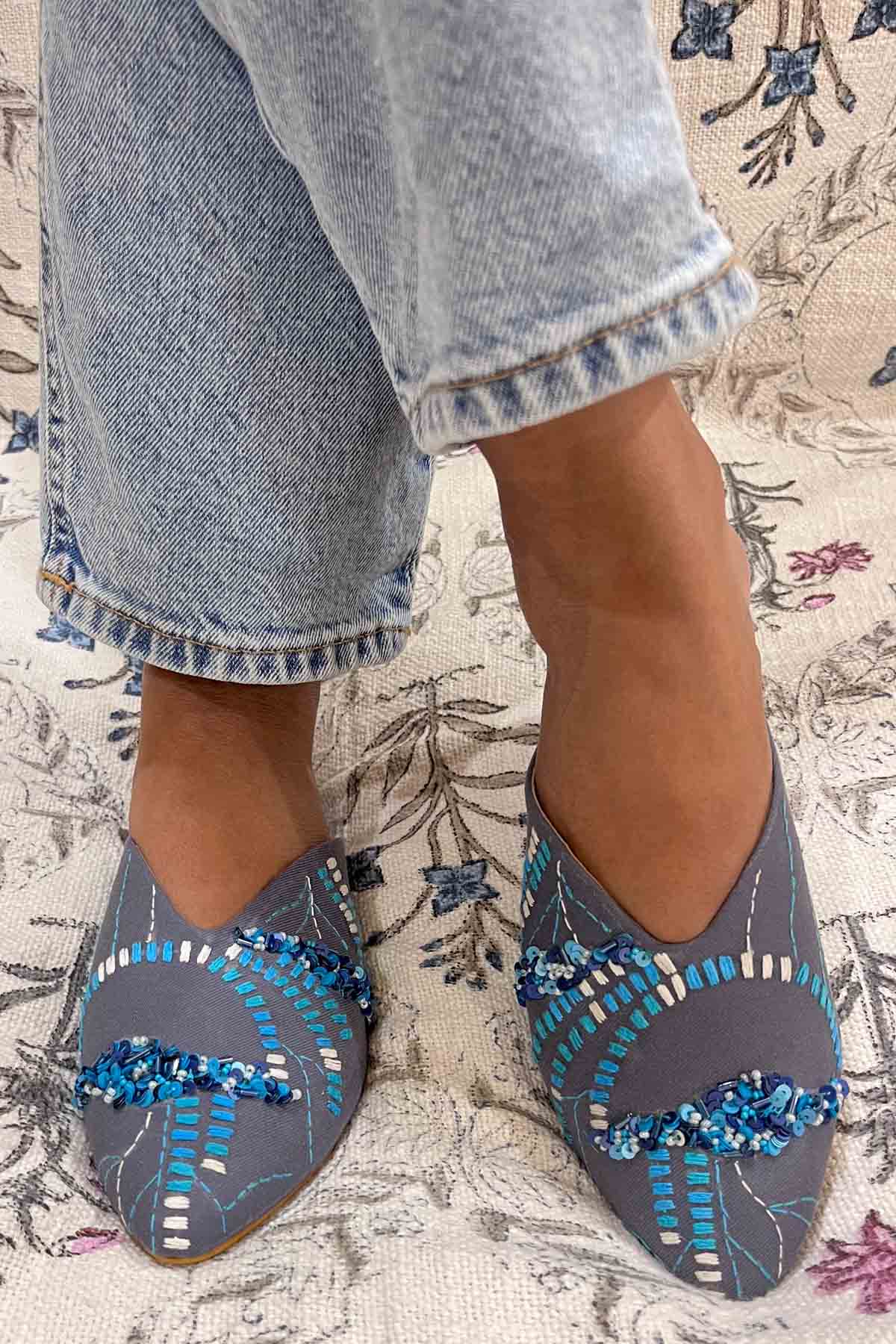 Contrast Hand Embroidered Mules