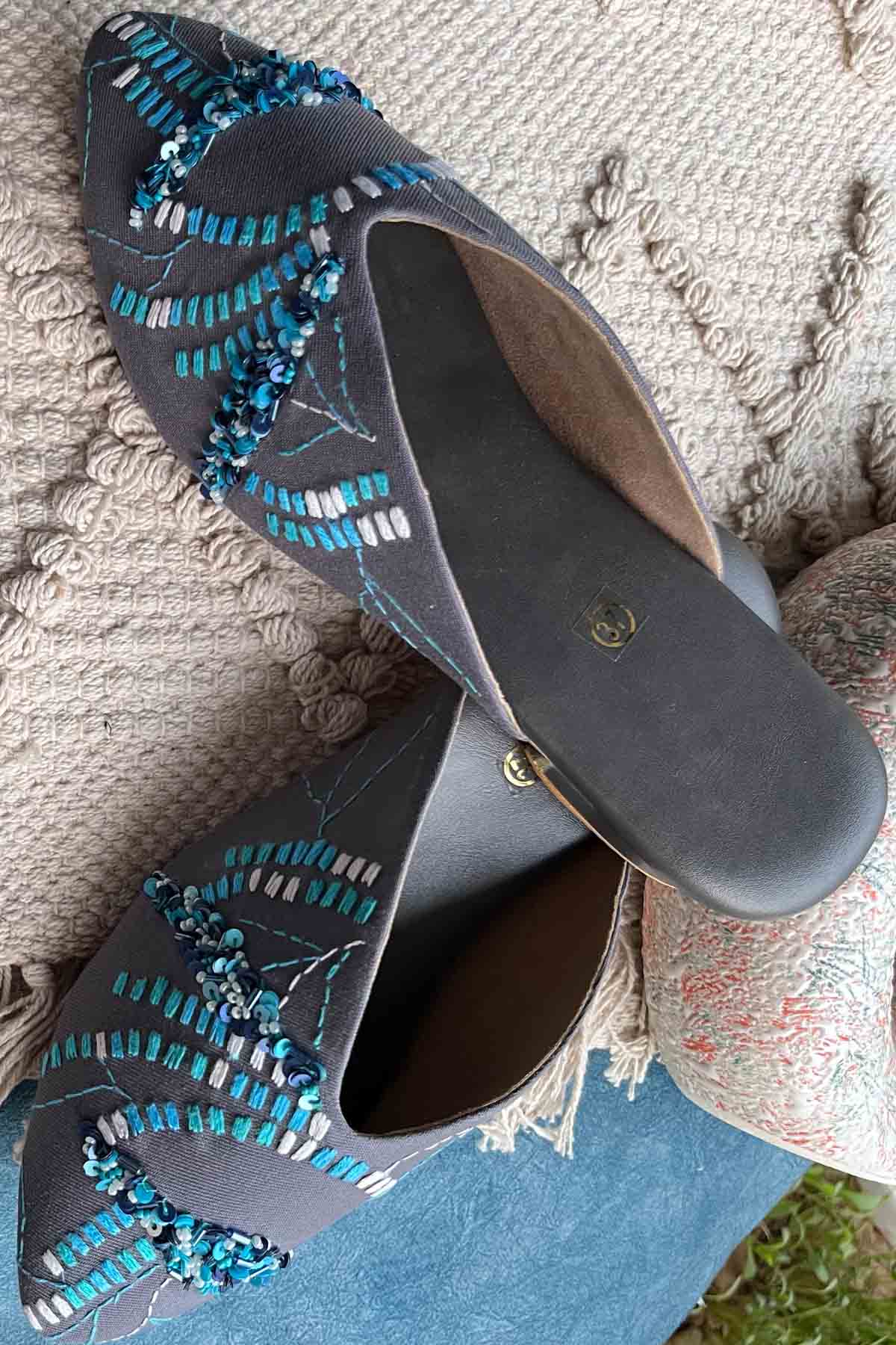 Contrast Hand Embroidered Mules