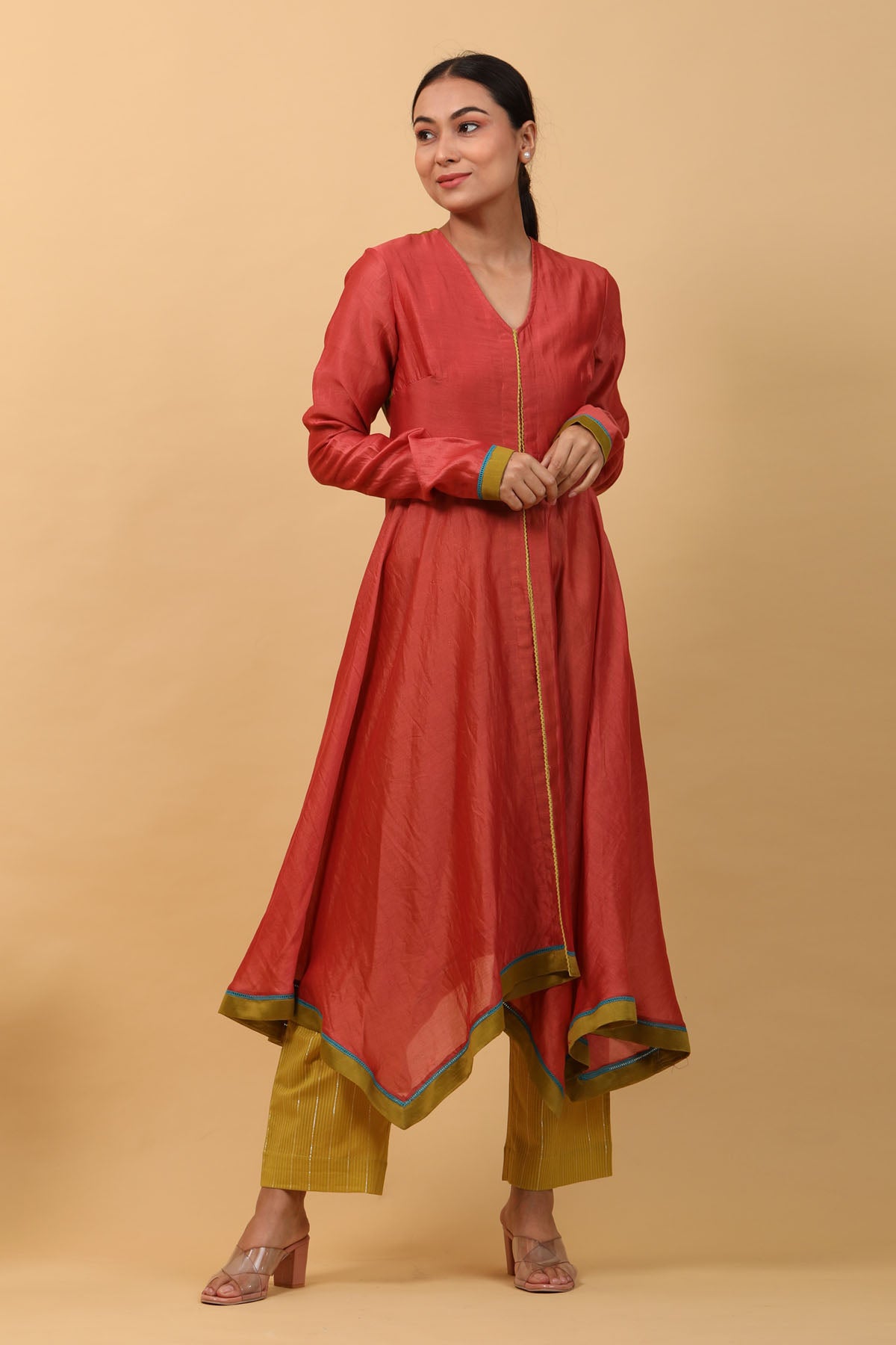 Contrast Lace Chanderi Anarkali Set