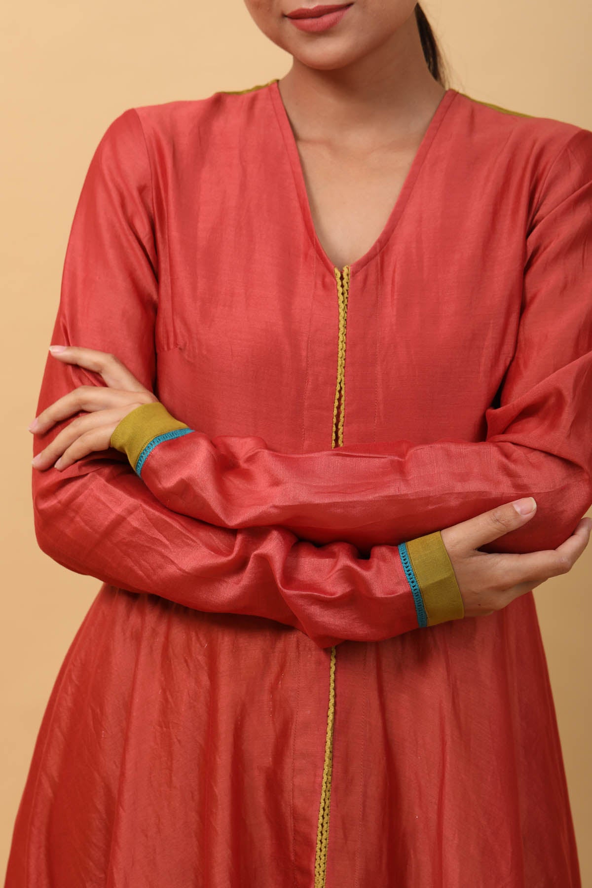 Contrast Lace Chanderi Anarkali Set