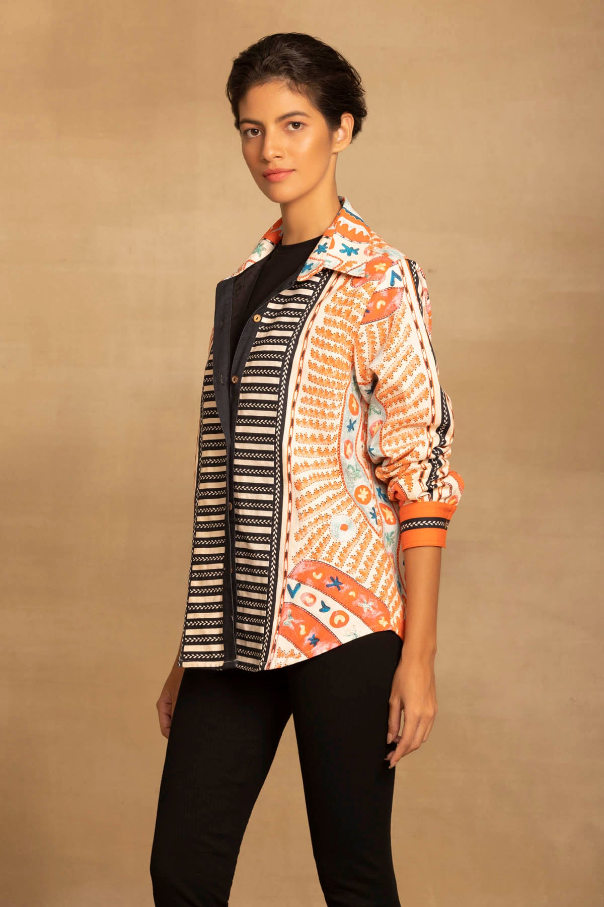 Contrast Placket Ethnic Shirt