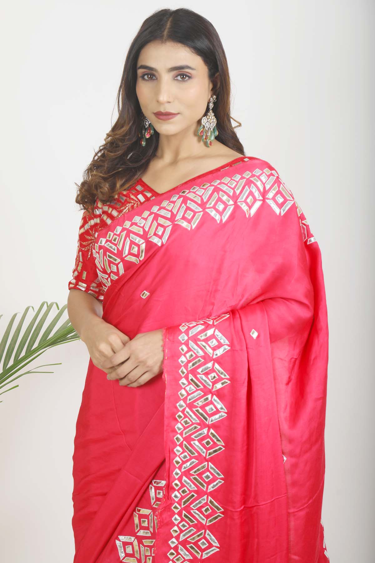 Coral Satin Embroidered Saree