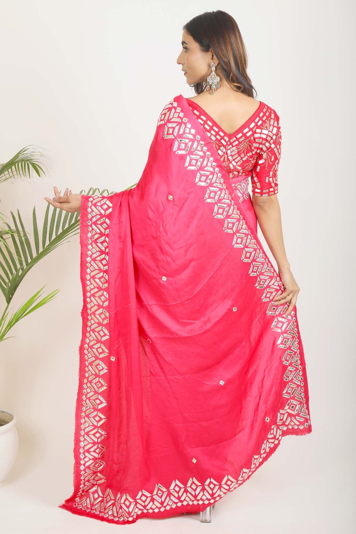 Coral Satin Embroidered Saree