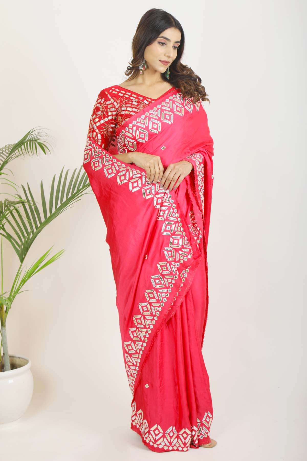 Coral Satin Embroidered Saree