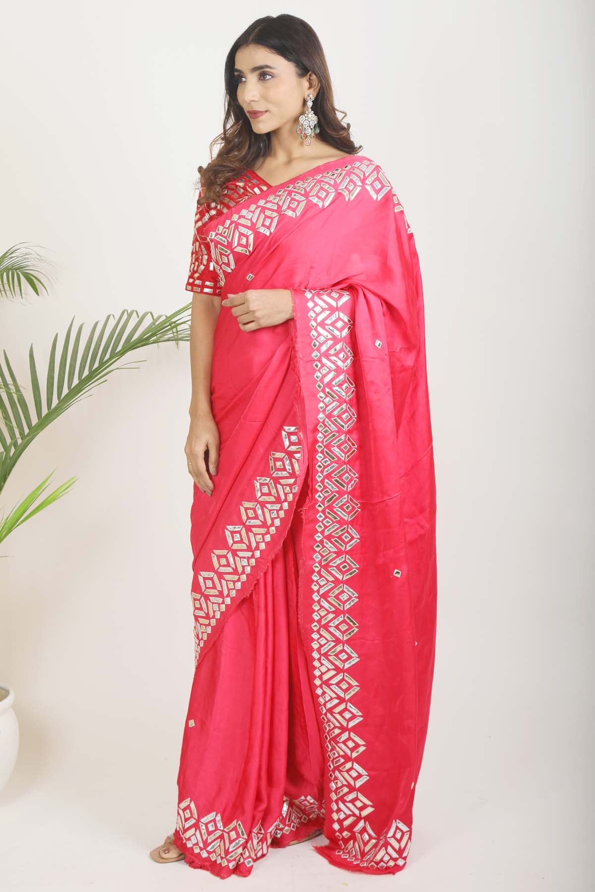 Coral Satin Embroidered Saree