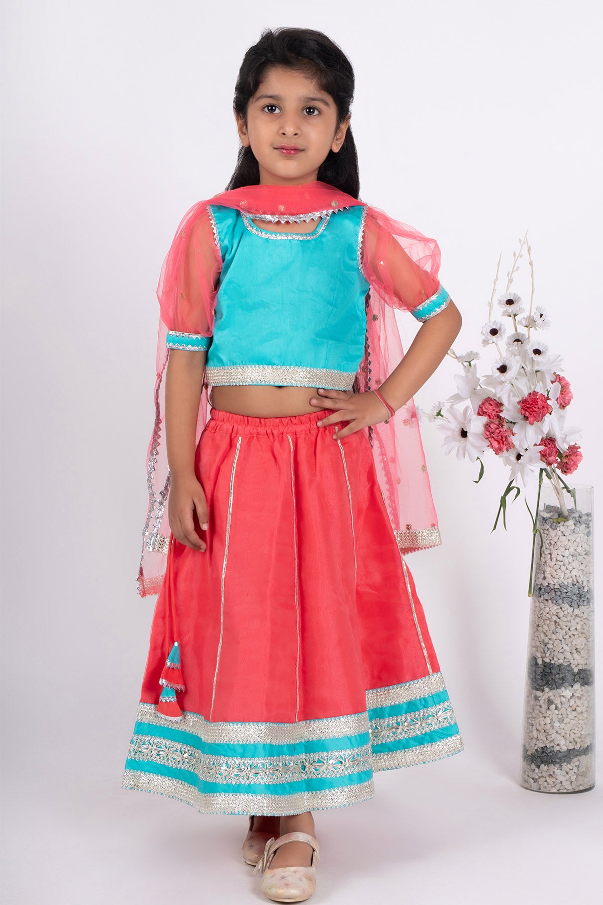 Coral & Blue Silk Lehenga Set