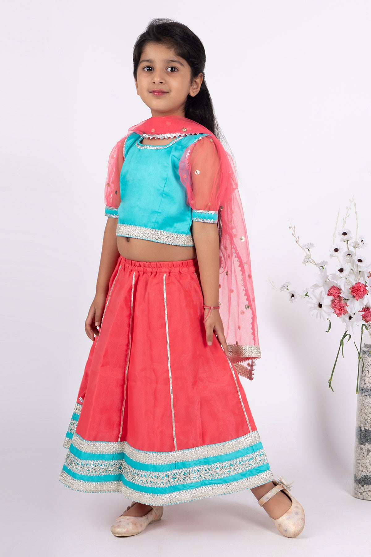 Coral & Blue Silk Lehenga Set