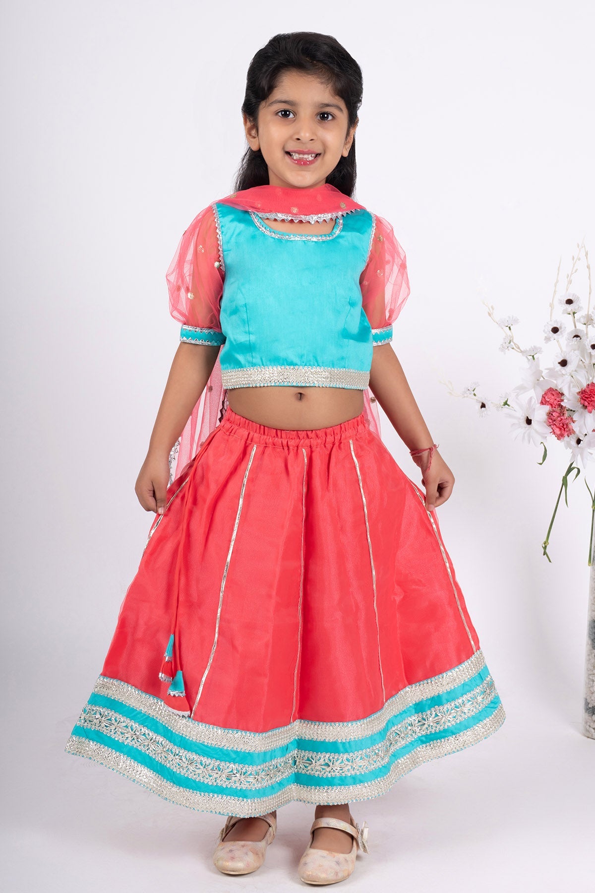 Buy Coral & Blue Silk Lehenga Set by ViYa for Girls online at ScrollnShops
