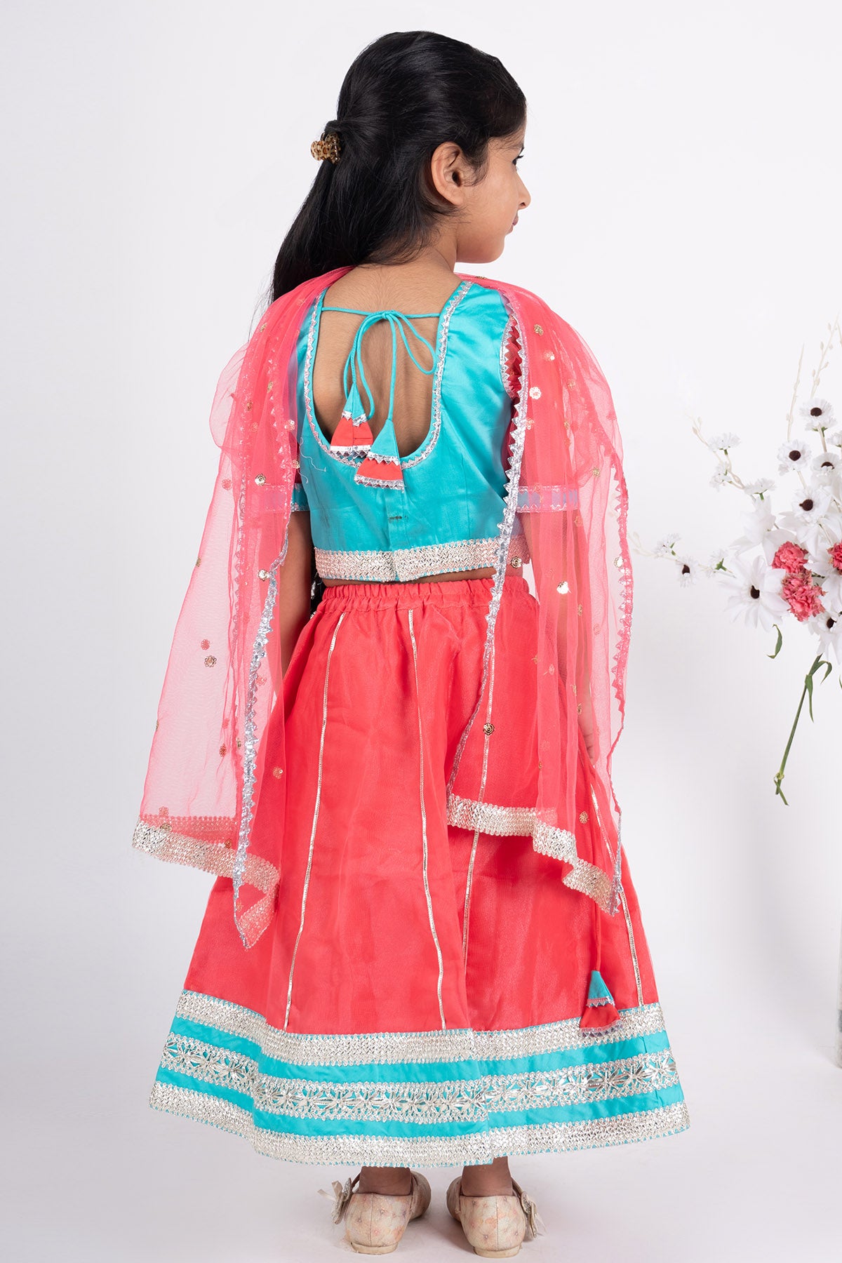 Coral & Blue Silk Lehenga Set