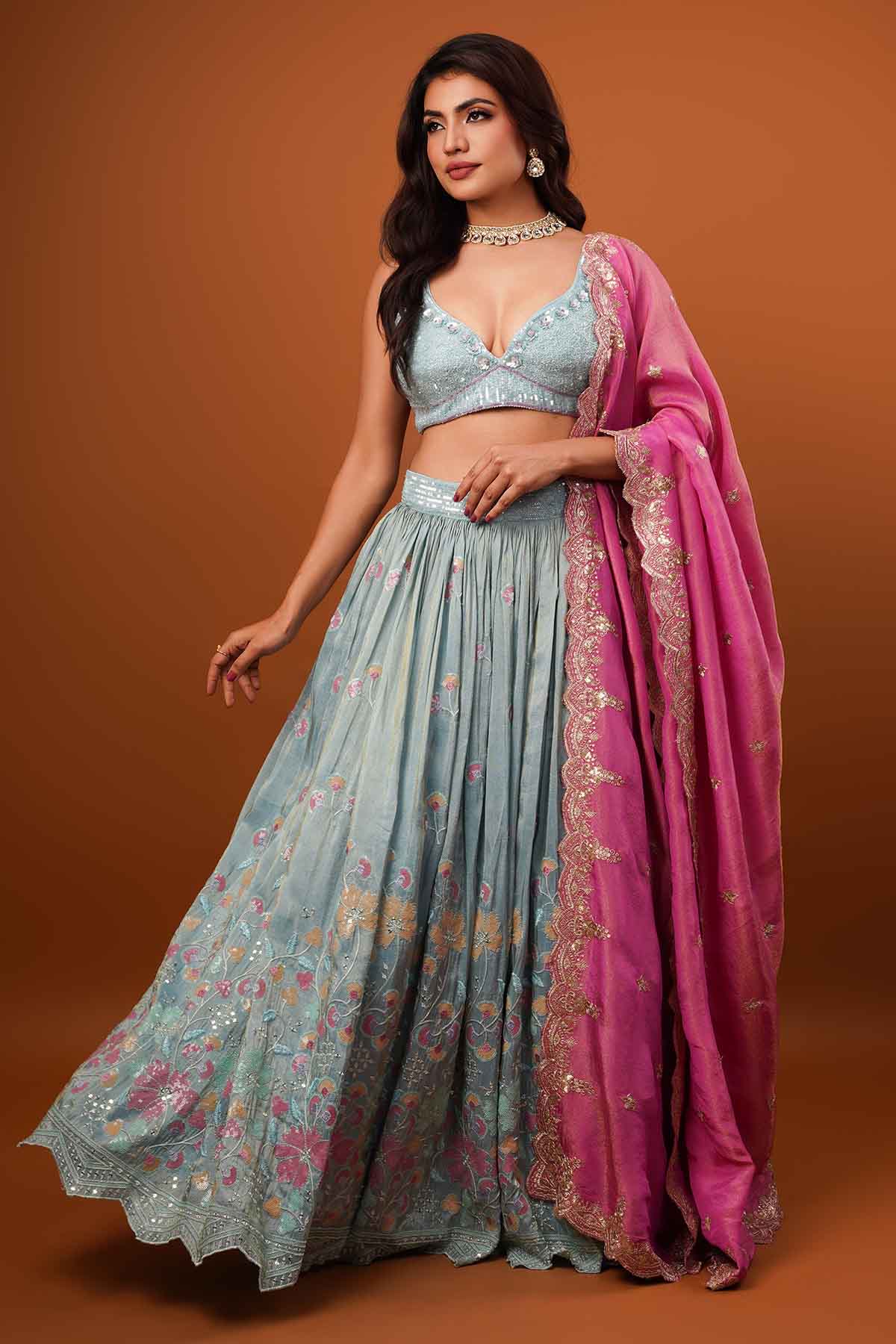 Buy Coral Blue Zardosi Lehenga Set Online