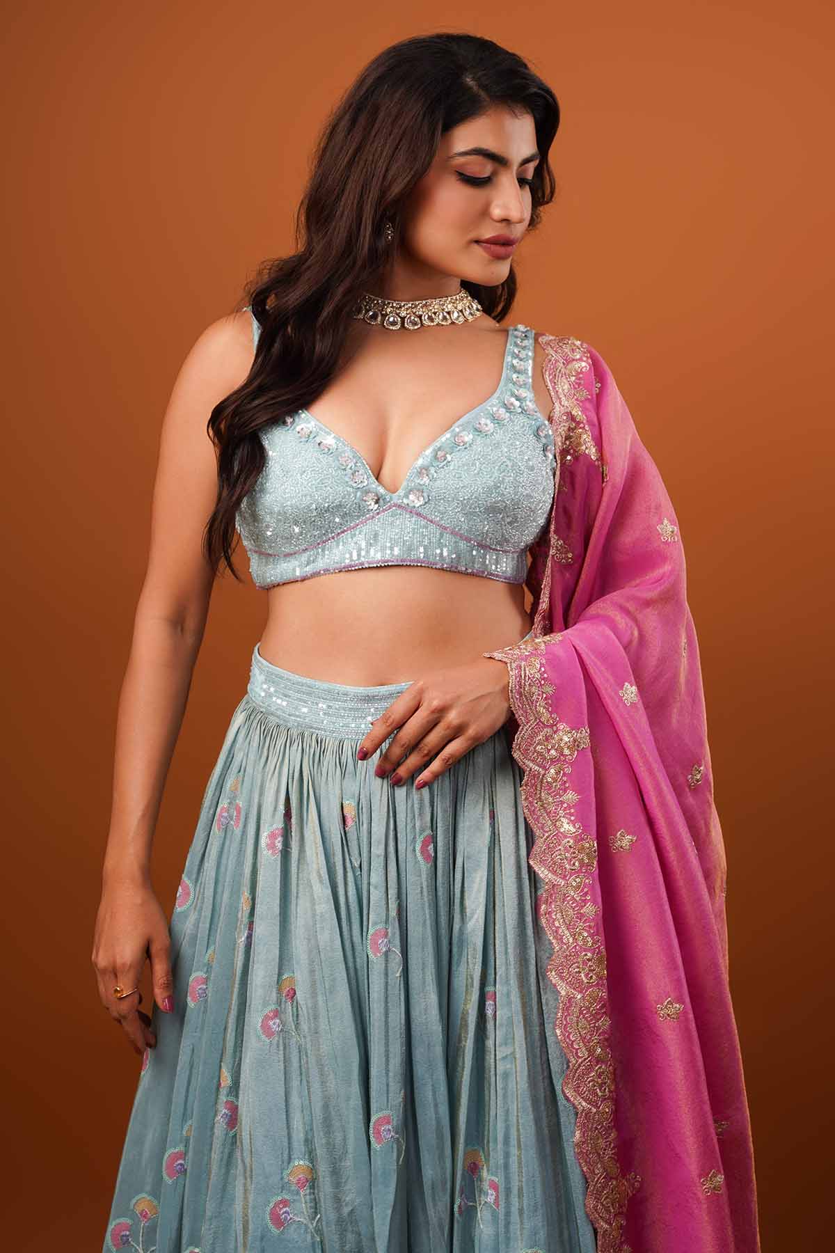Coral Blue Zardosi Lehenga Set