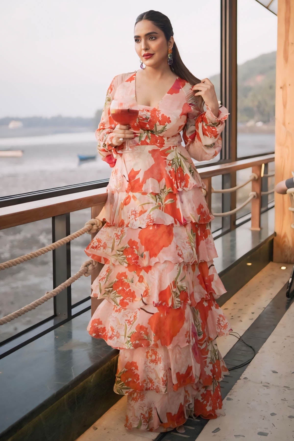 Buy Coral Chiffon Tiered Dress by Mandira Wirk