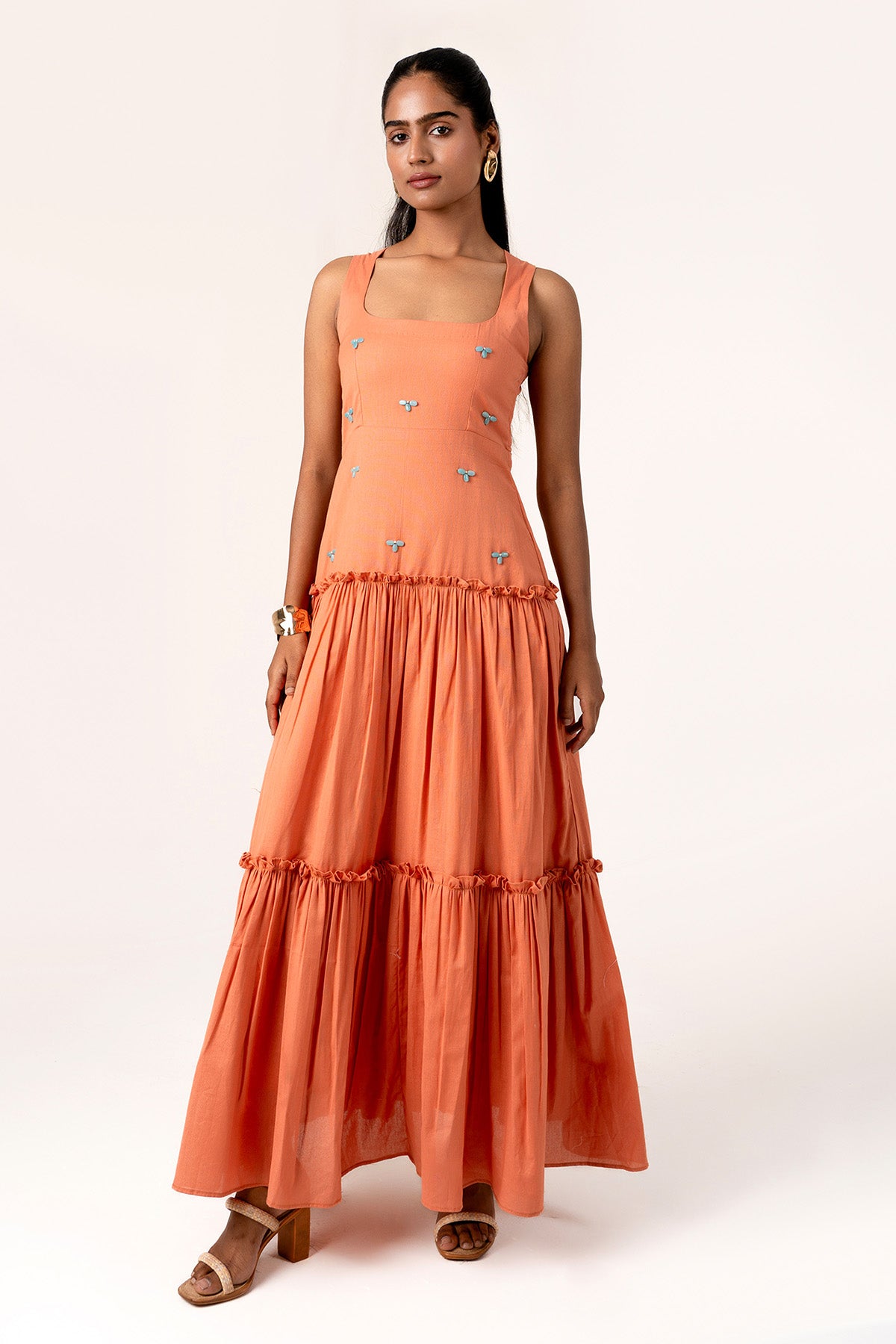 Coral Cotton Gathered Maxi Dress