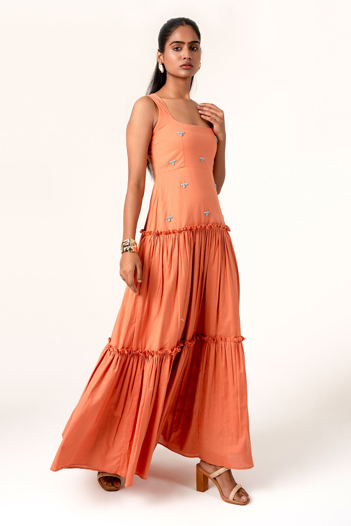Coral Cotton Gathered Maxi Dress