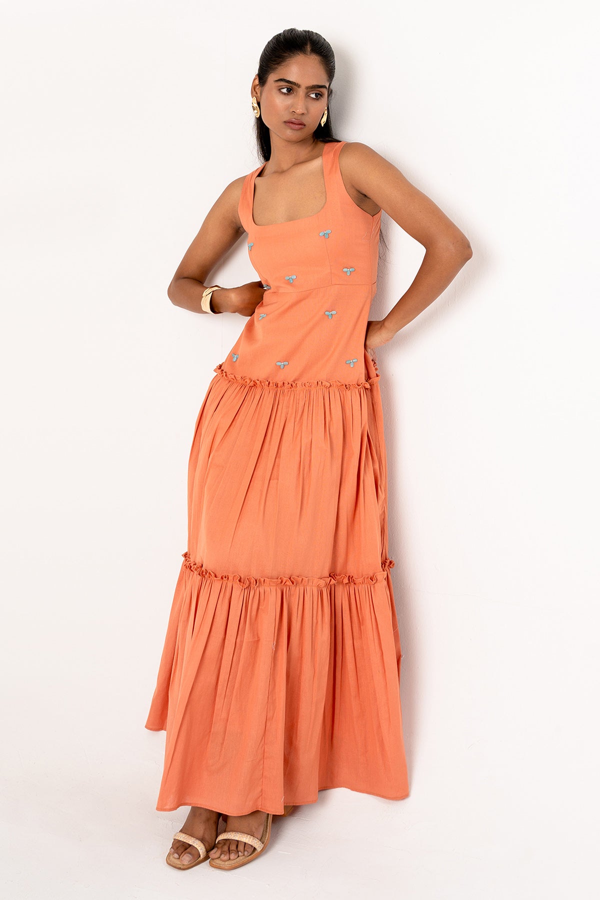 Coral Cotton Gathered Maxi Dress