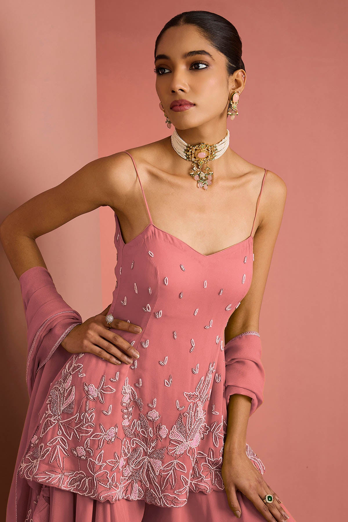 Coral Crepe Bead Work Kurta Set