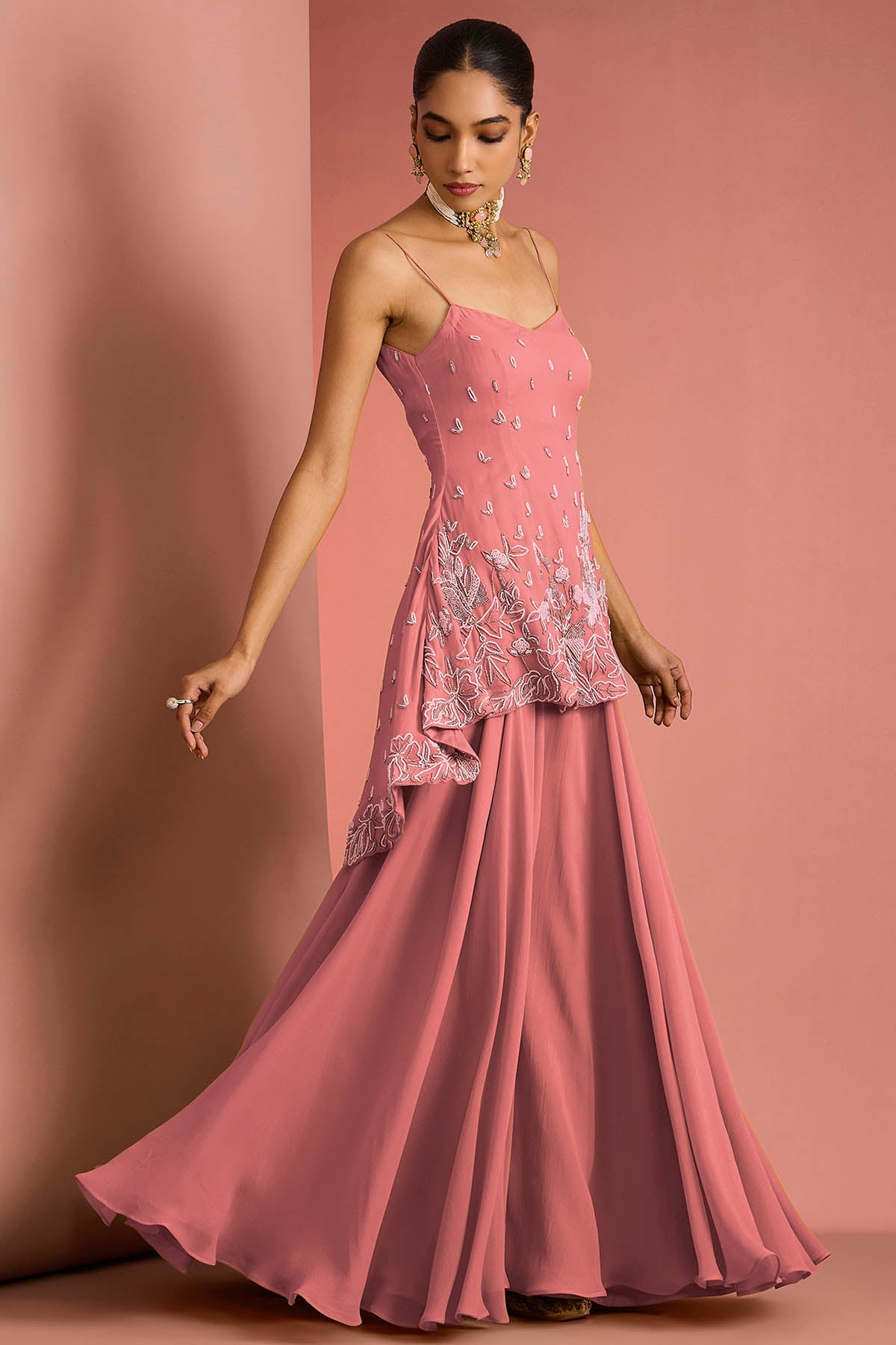 Coral Crepe Bead Work Kurta Set