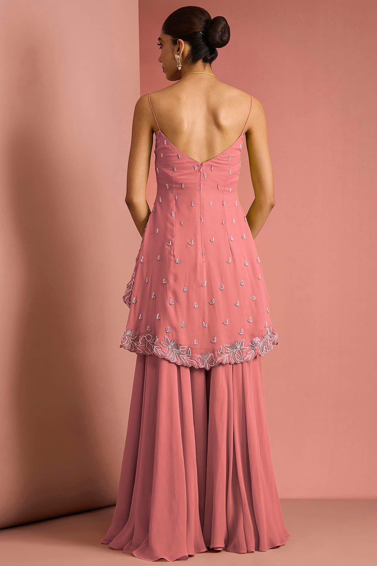 Coral Crepe Bead Work Kurta Set