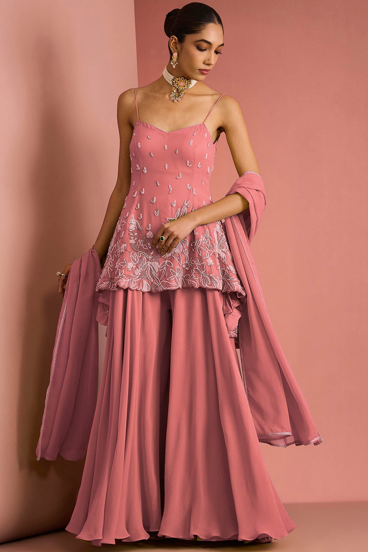 Buy Coral Crepe Bead Work Kurta Set for women by Milu Madan online available at scrollnshops