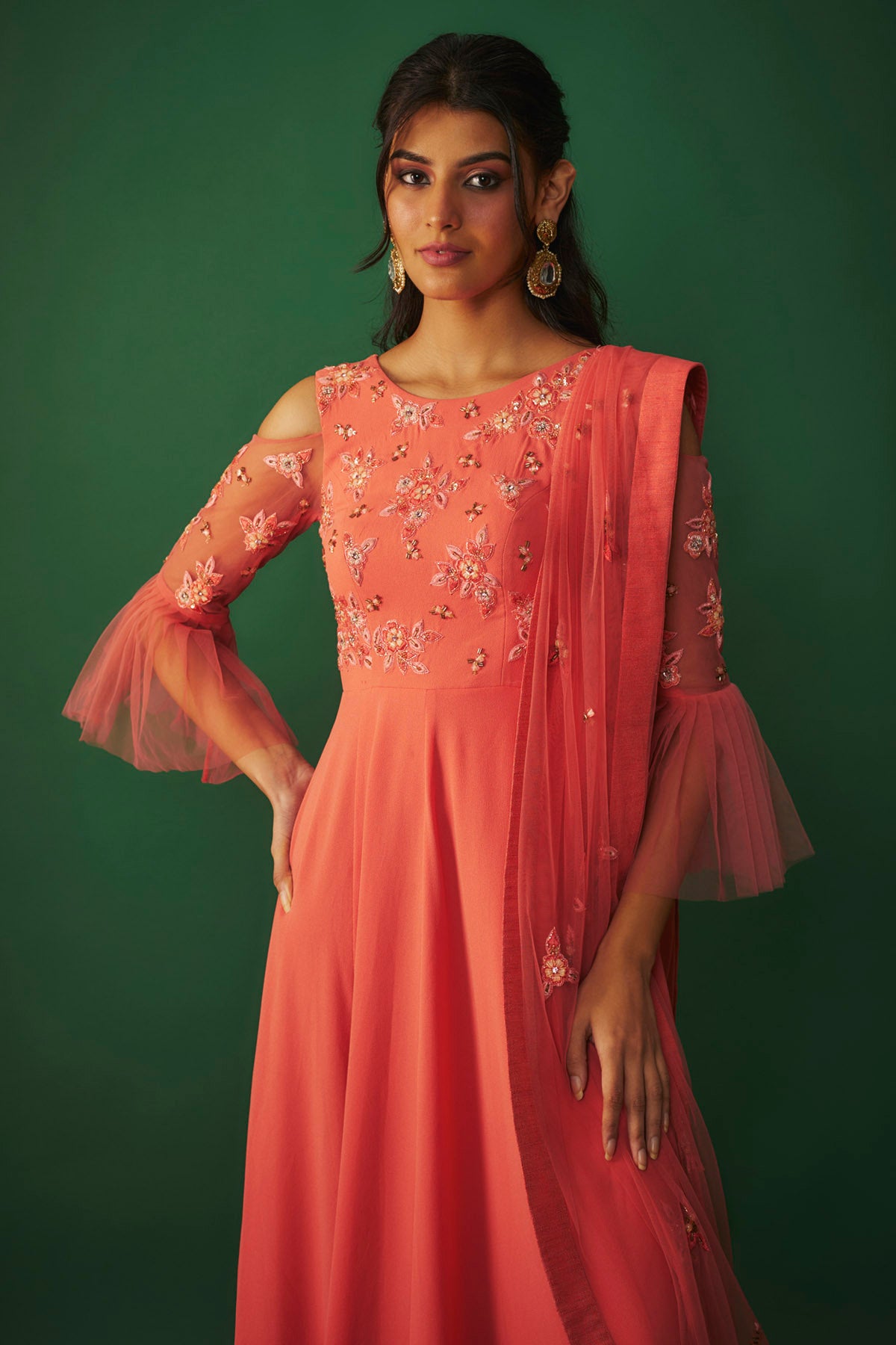 Coral Pink Embroidered Anarkali Set