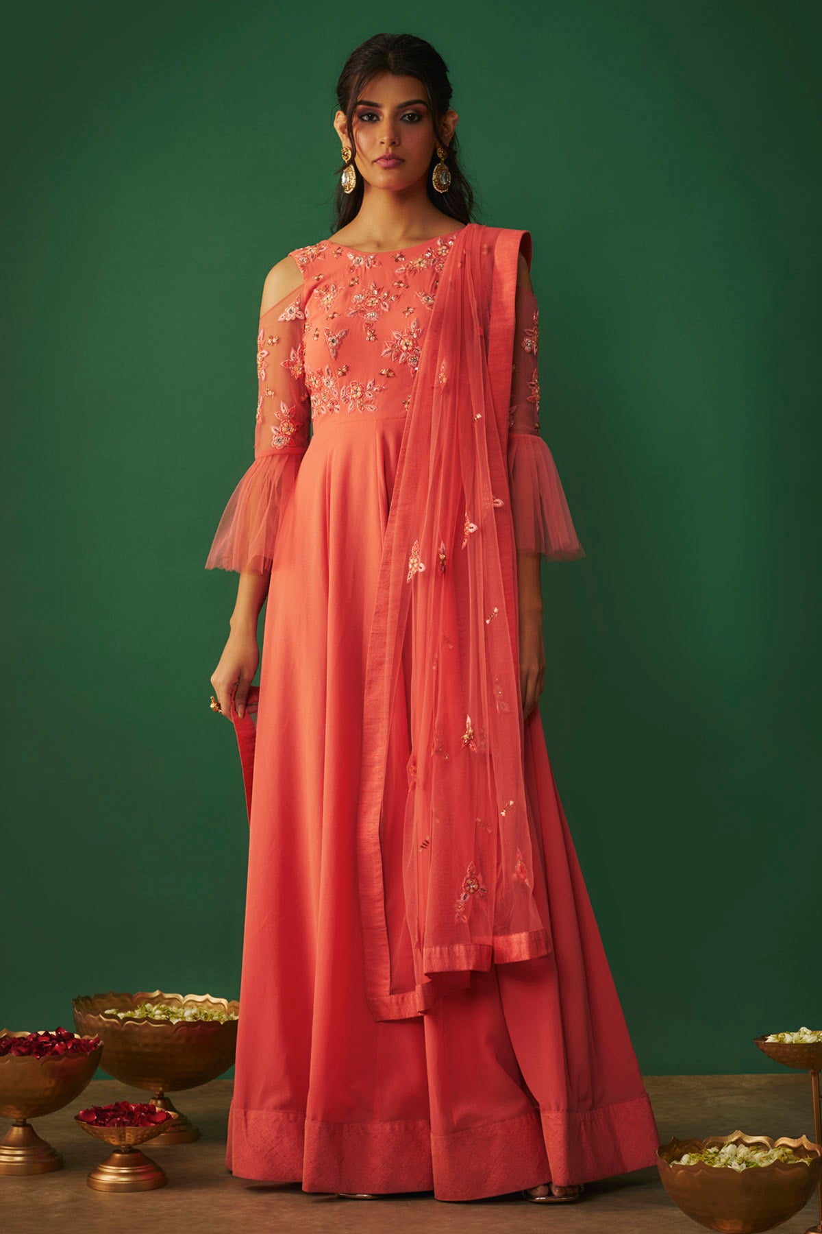 Coral Pink Embroidered Anarkali Set