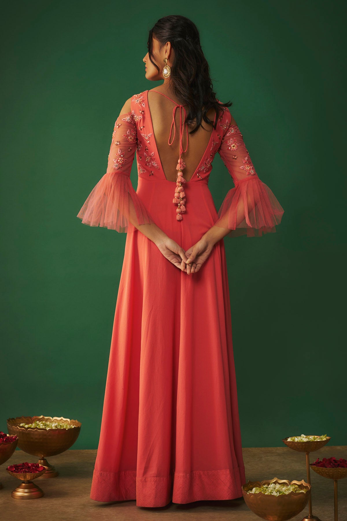 Coral Pink Embroidered Anarkali Set
