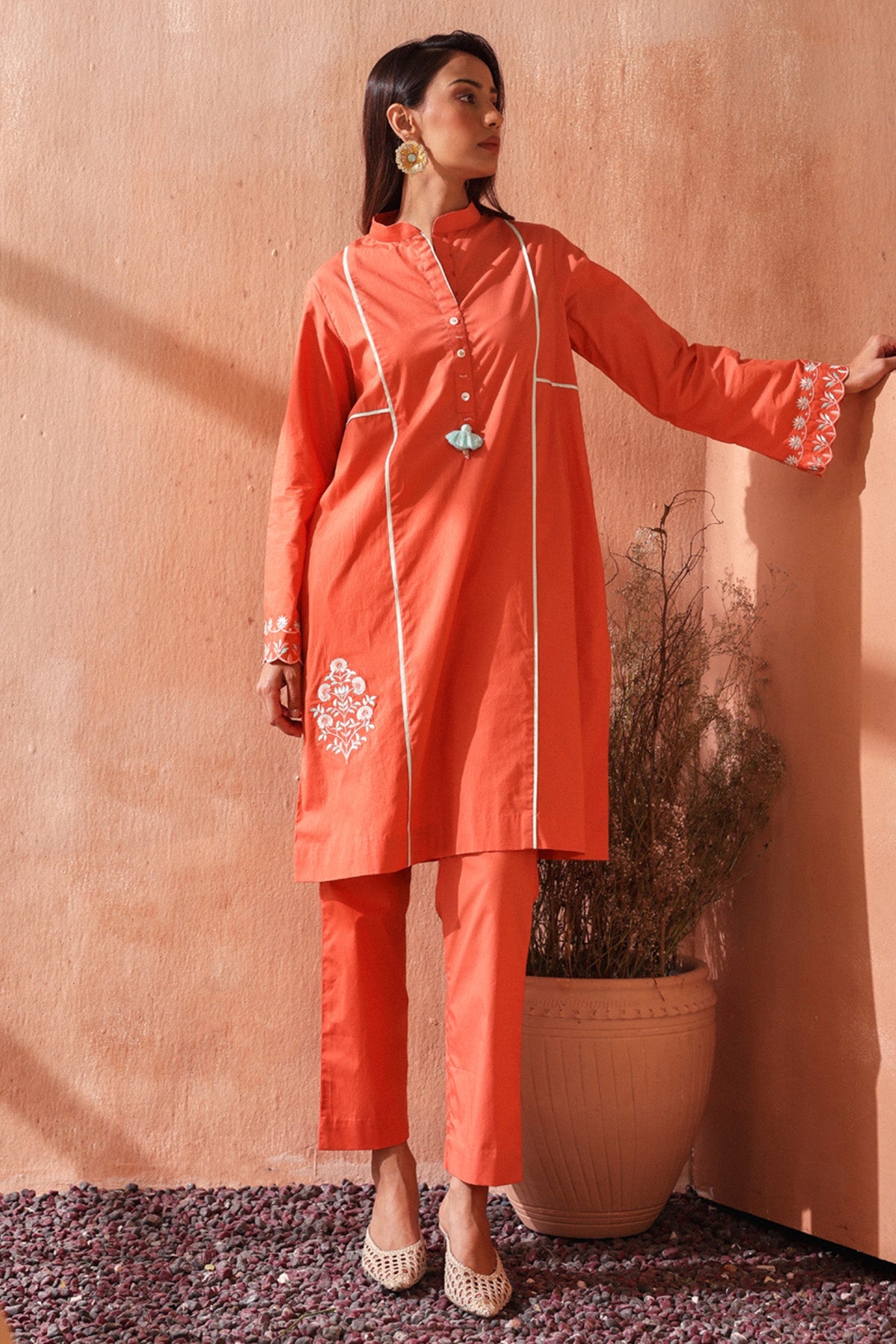 Buy Coral Embroidered Kurta & Pants by Seema Nanda for women online at ScrollnShops