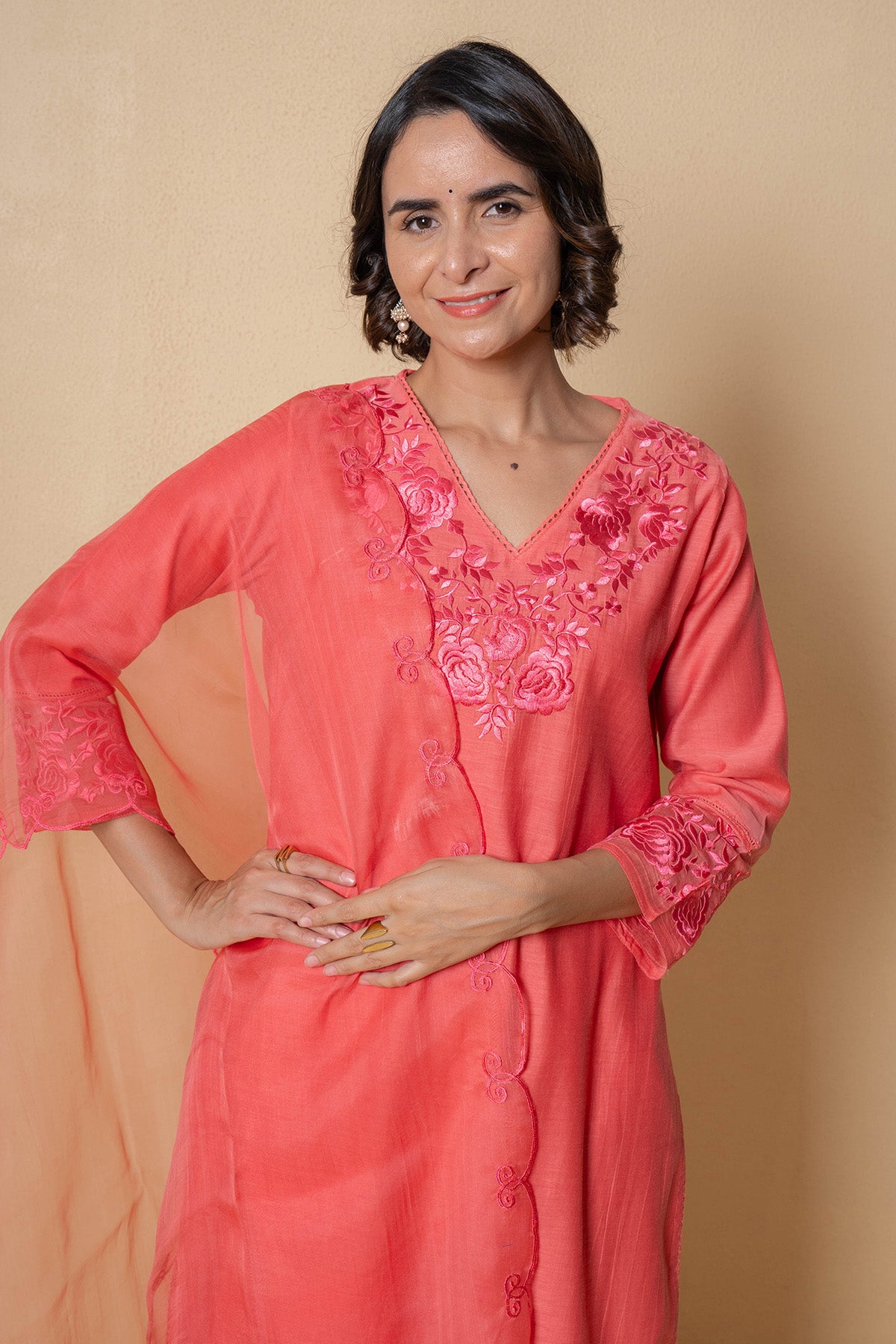 Coral Embroidered Kurta Set