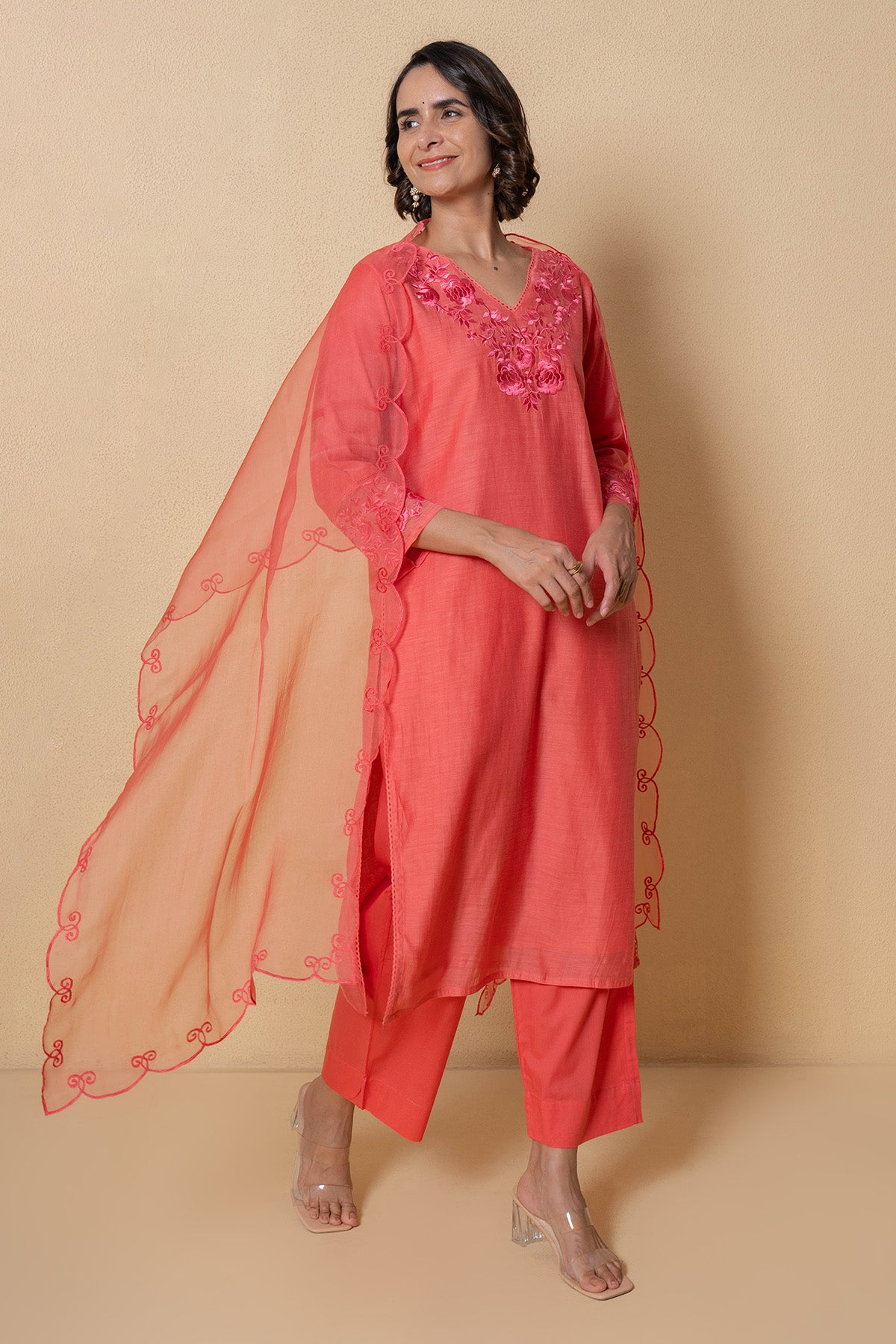 Coral Embroidered Kurta Set