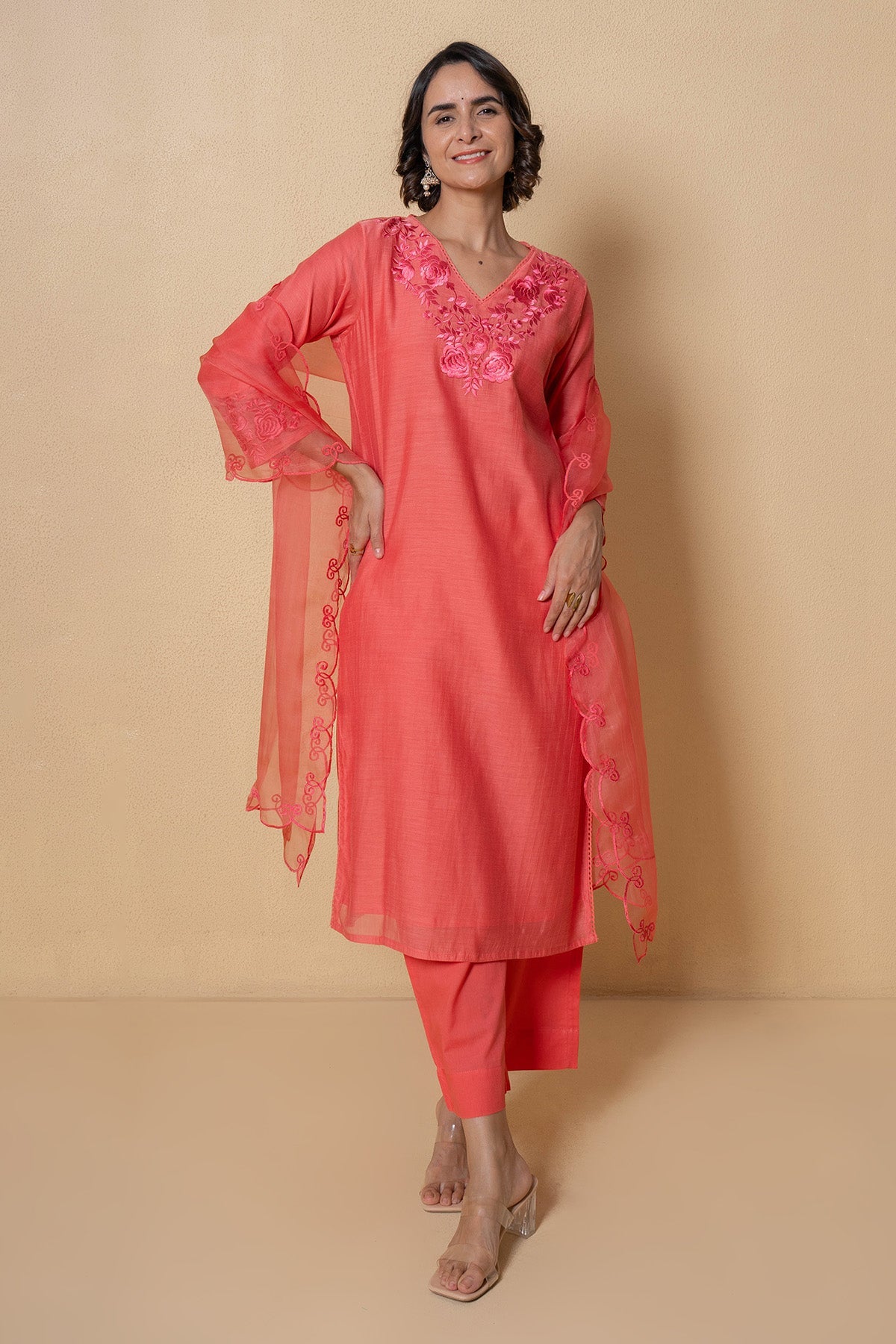 Buy Coral Embroidered Kurta Set for Women Online at ScrollnShops