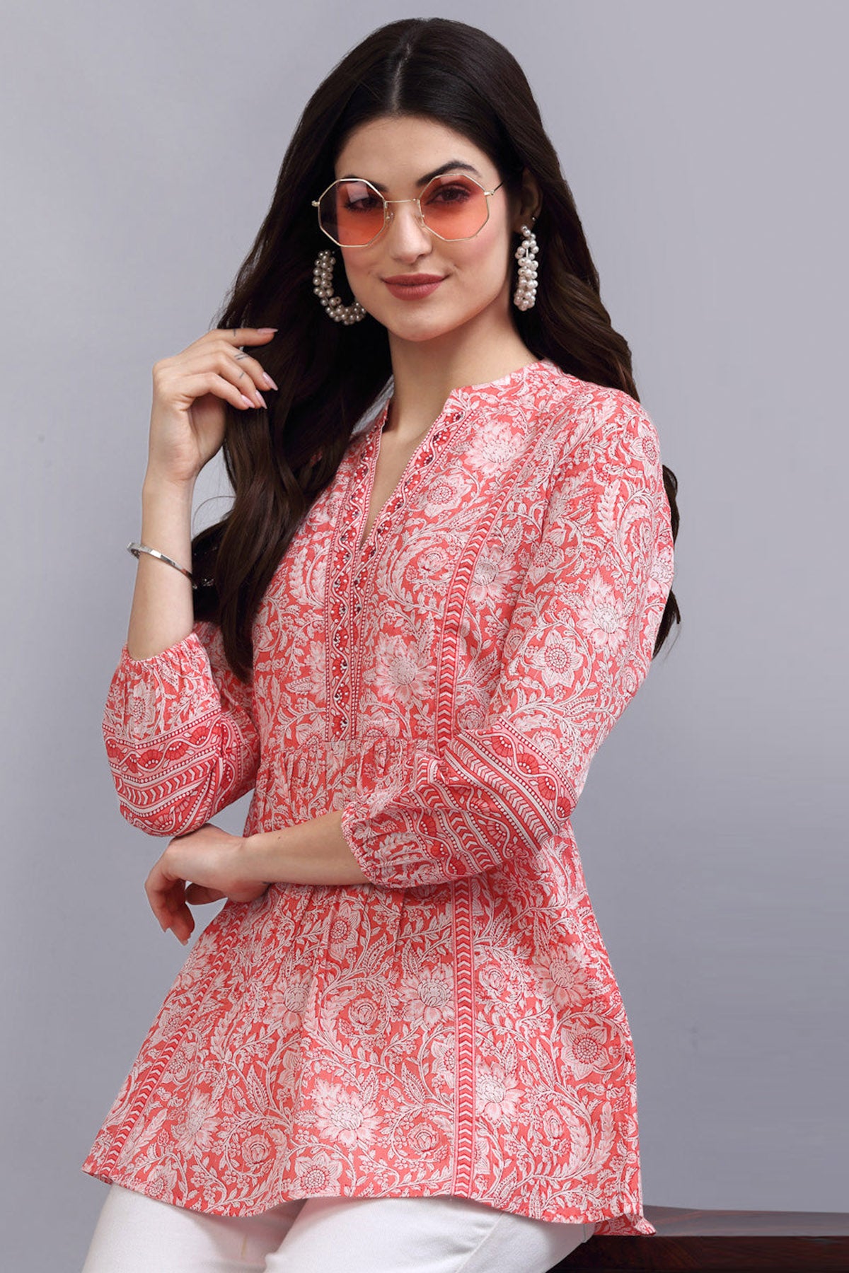 Coral Floral Printed A Line Top