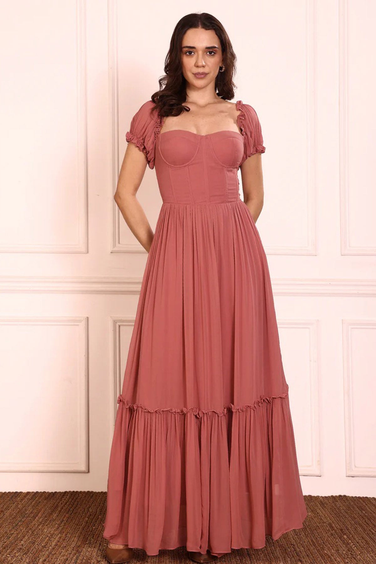Buy Coral Georgette Frilled Dress for women by Seoraa online available at scrollnshops