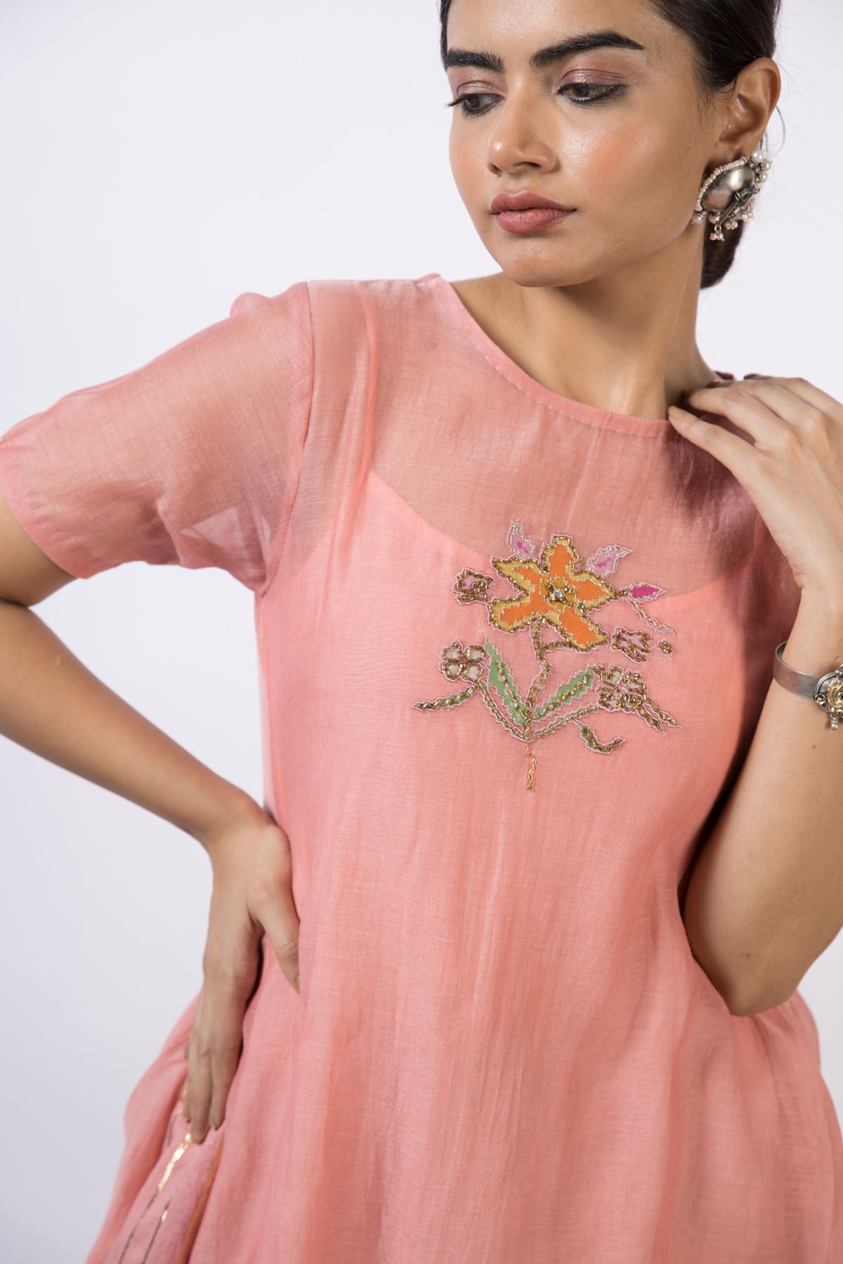 Coral & Grey Chanderi Kurta Set
