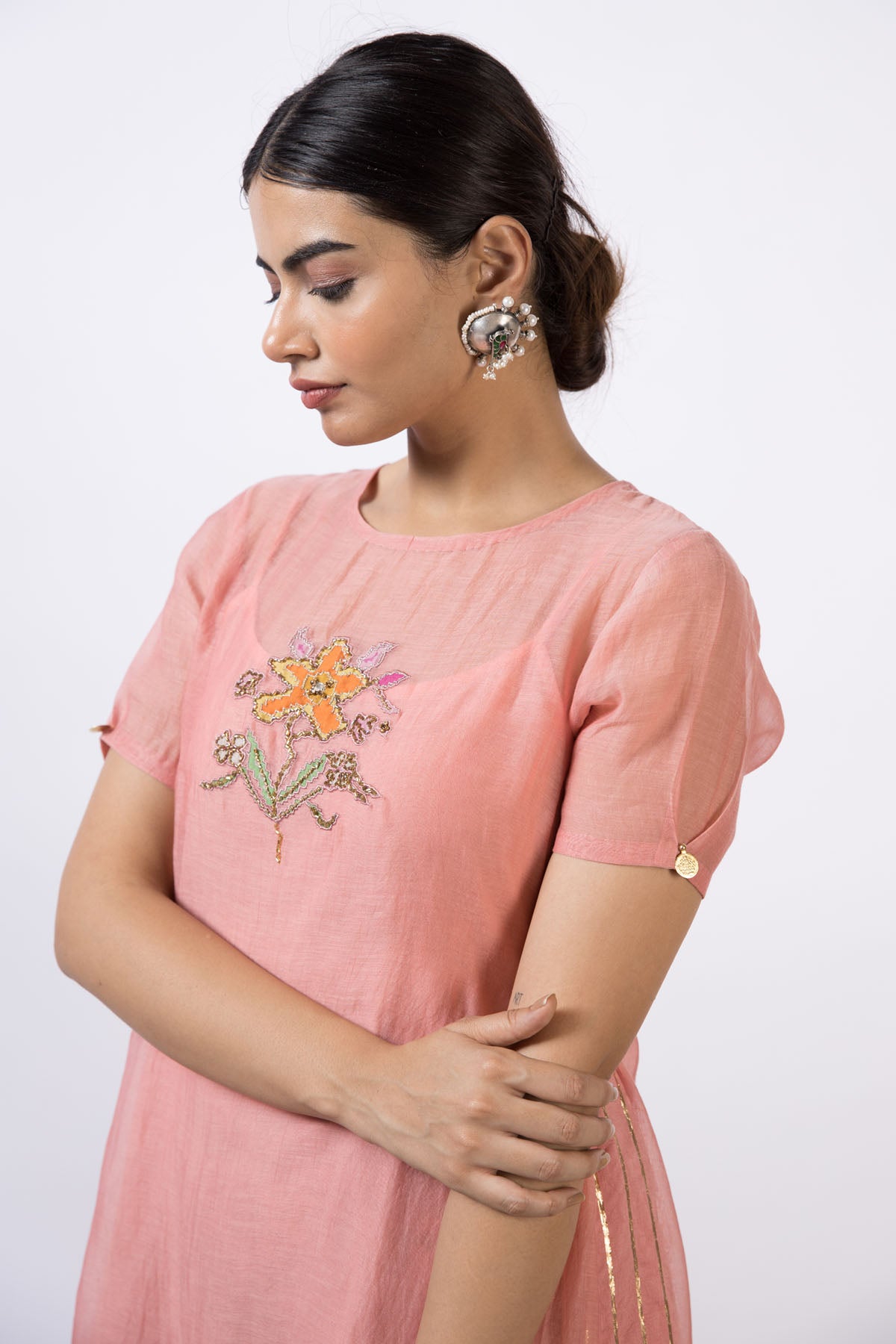 Coral & Grey Chanderi Kurta Set
