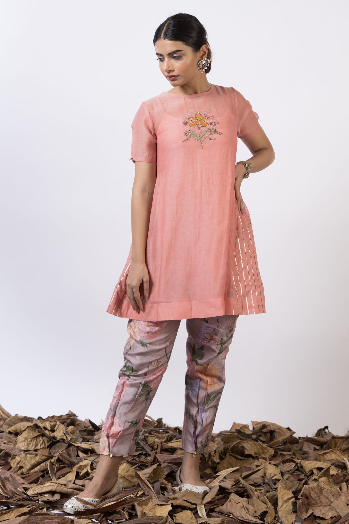 Seharre Coral & Grey Chanderi Kurta Set for women online at ScrollnShops