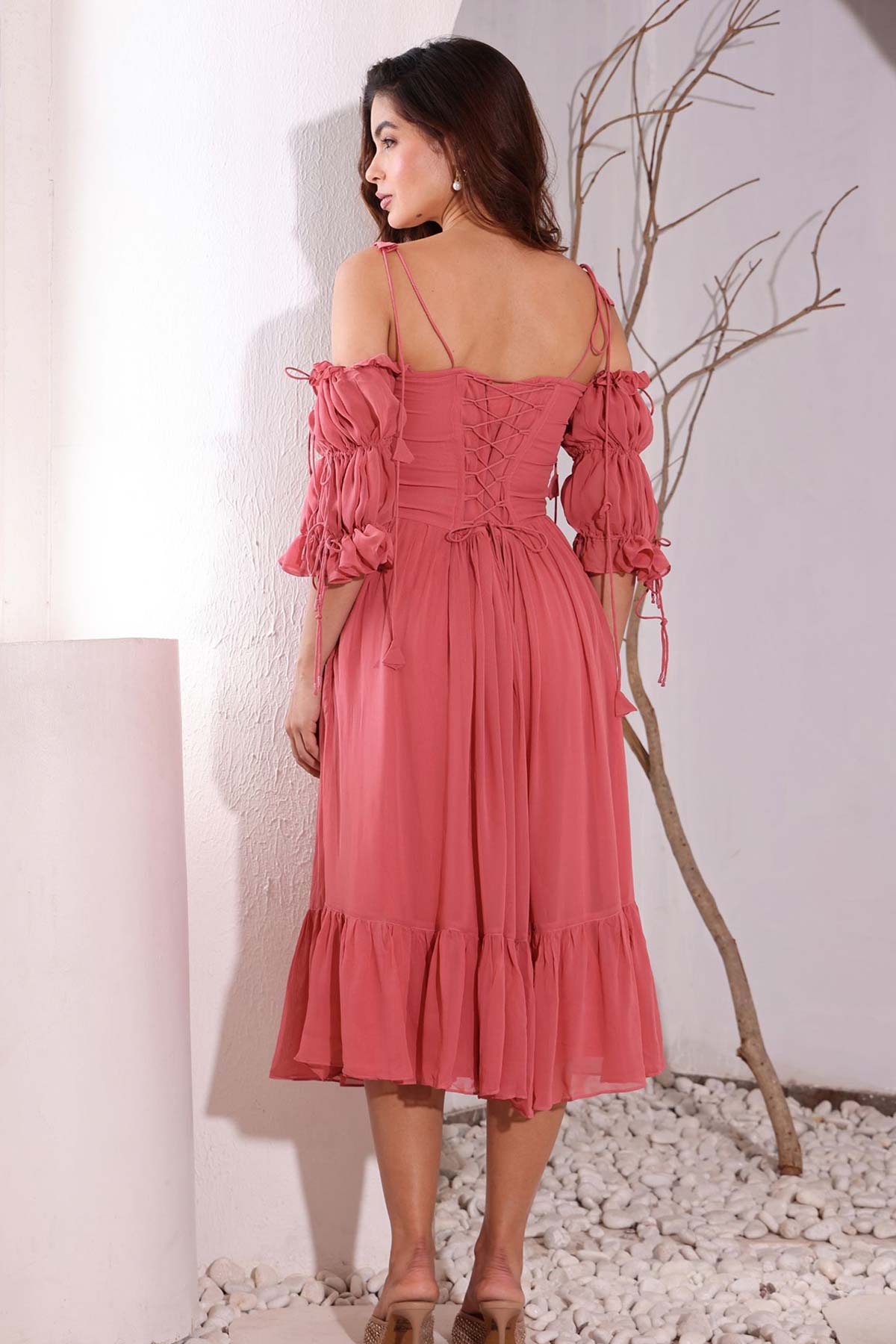 Coral Off Shoulder Midi Dress