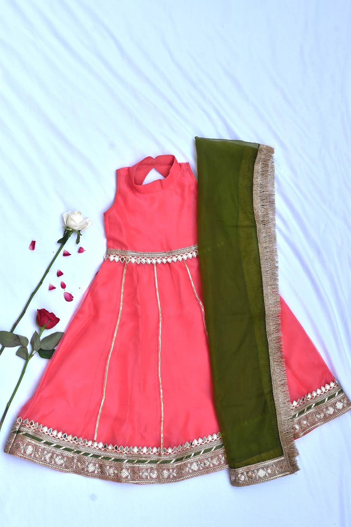 Buy Coral Organza Dress & Dupatta by ViYa for Girls online at ScrollnShops
